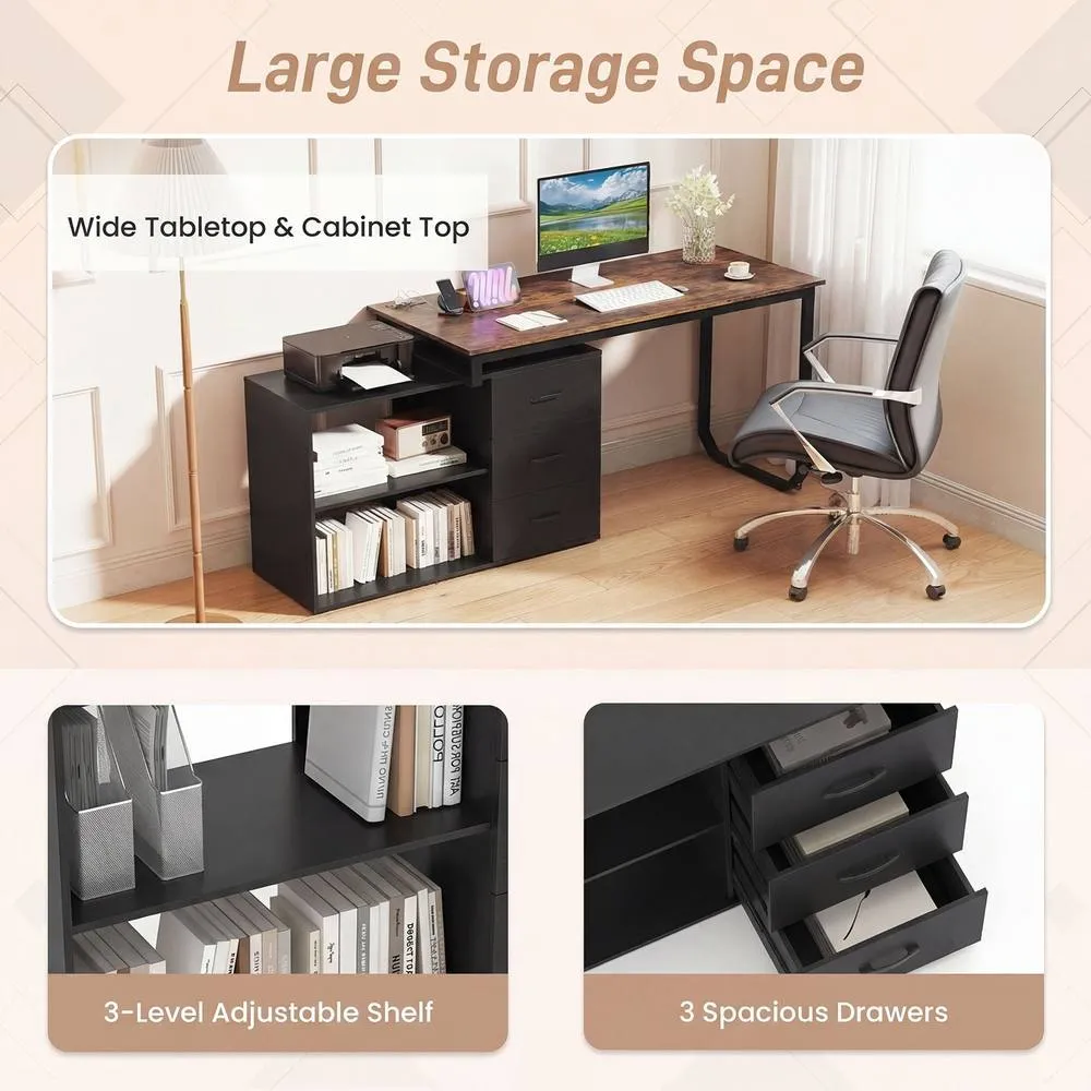 Costway 140cm Reversible L-Shaped Desk w/ Power Outlet Study Writing Table in Brown 6