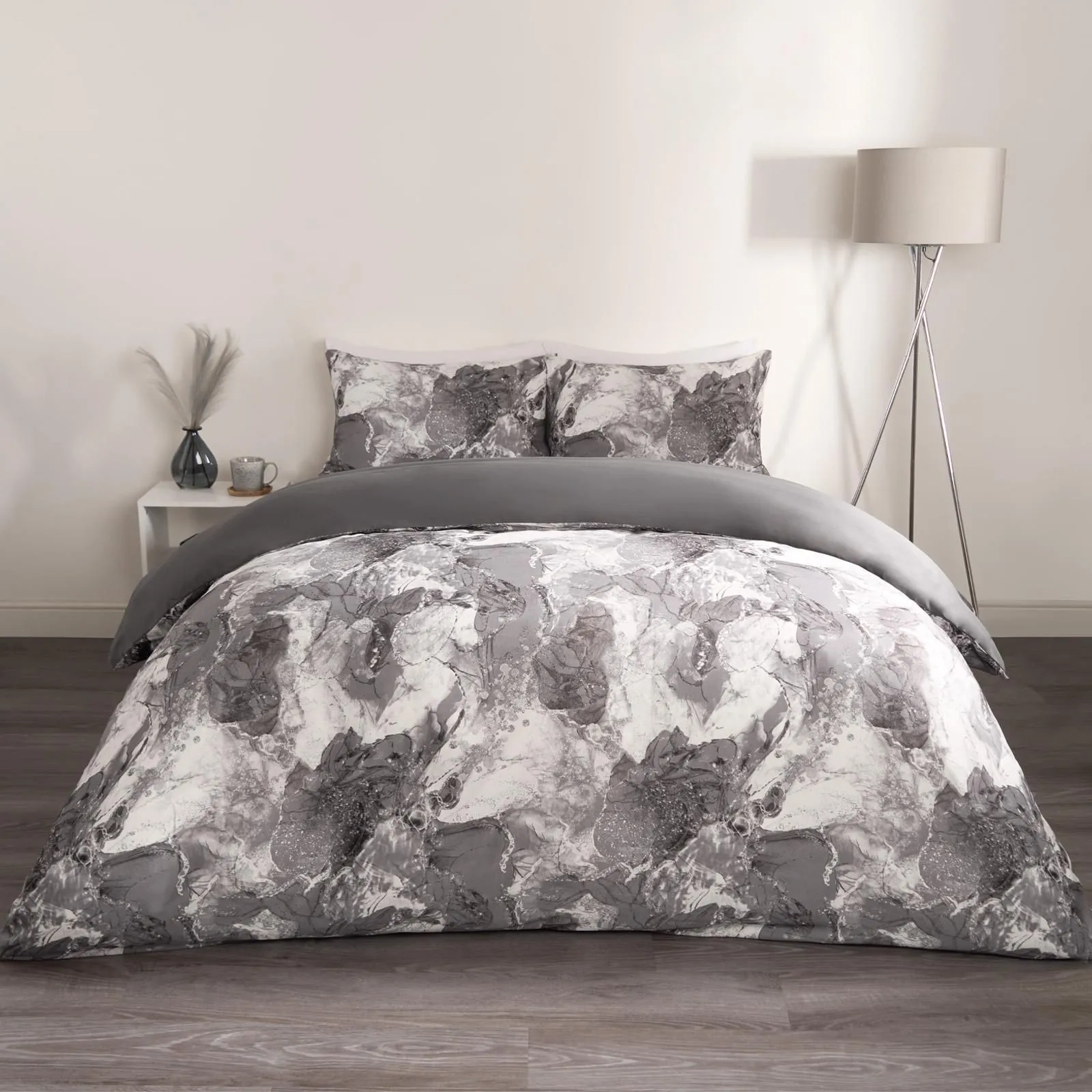 OHS Marble Duvet Cover Set Quilt Bedding Reversible in Grey