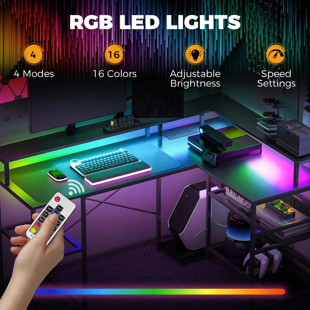HOMCOM L Shaped Gaming Desk w/ LED Lights & Power Outlets, Black 4