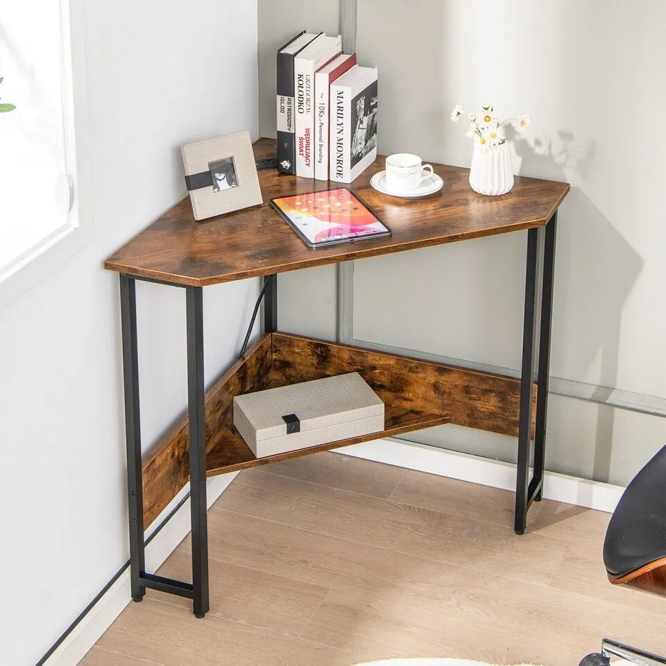 Costway Corner Desk 90-degree Triangle Computer Desk Laptop Desk w/Power Outlet in Brown 3