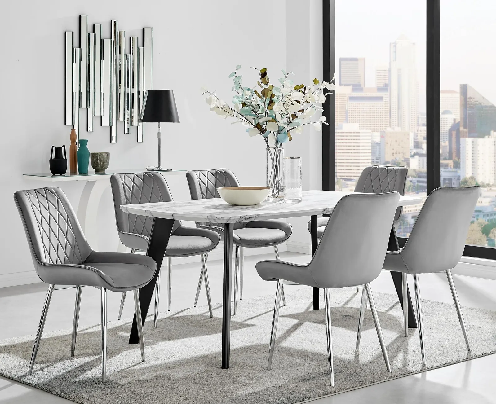 FurnitureboxUK Andria Marble Effect Dining Table With Black Legs & 6 Pesaro Velvet Silver Leg Chairs in Grey 1