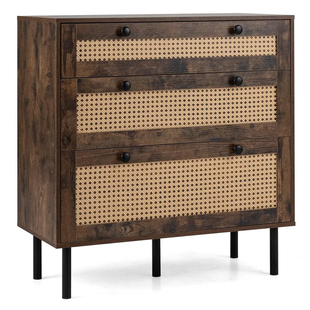 Costway Dresser with 3 Drawers & Rattan Design & 5 Metal Legs in Brown