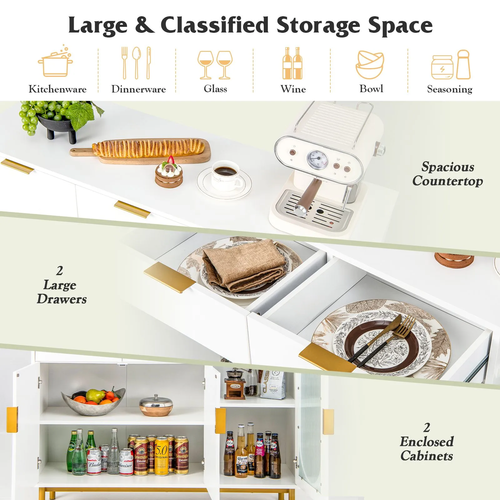 Costway Kitchen Storage Sideboard Dining Buffet Server Cabinet Cupboard With 2 Drawers in White 3