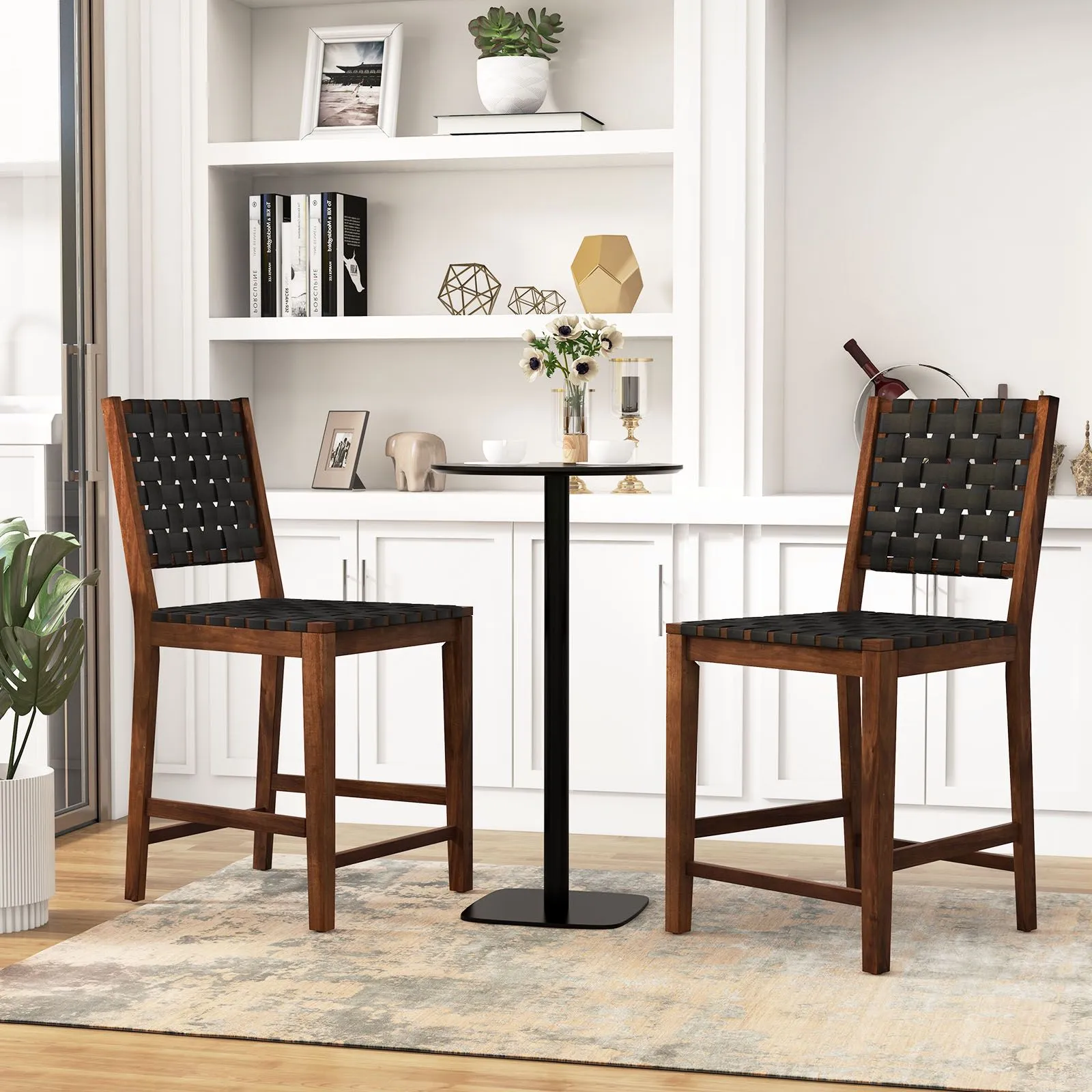 Costway Woven Bar Stools Set of 2 Counter Height Chairs w/ Faux PU Leather Straps in Brown 3