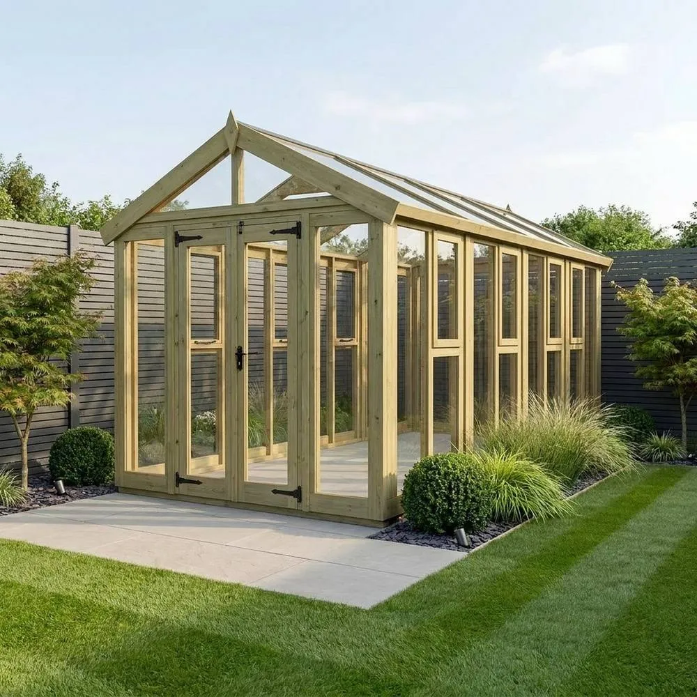 Buttercup Farm 6ft x 18ft Apex Toughened Glass Greenhouse - Pressure Treated Timber in Natural 2