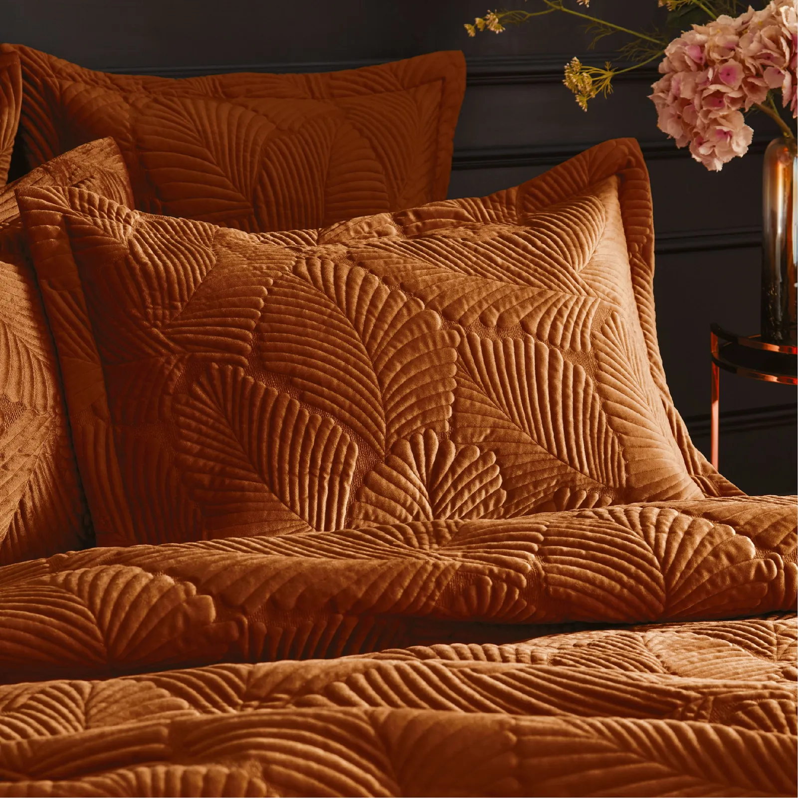 Paoletti Palmeria Quilted Velvet Pillowcase in Burnt Orange