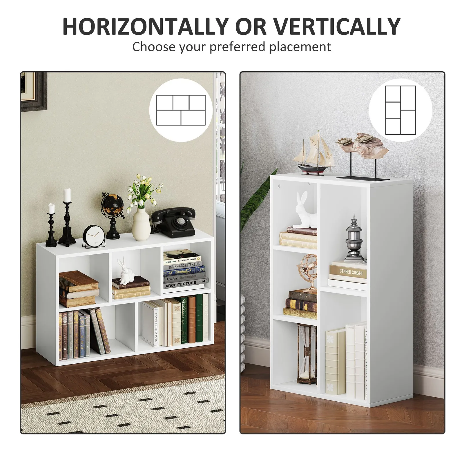HOMCOM 2-Tier Bookshelf with 5 Open Storage Compartments in White 6