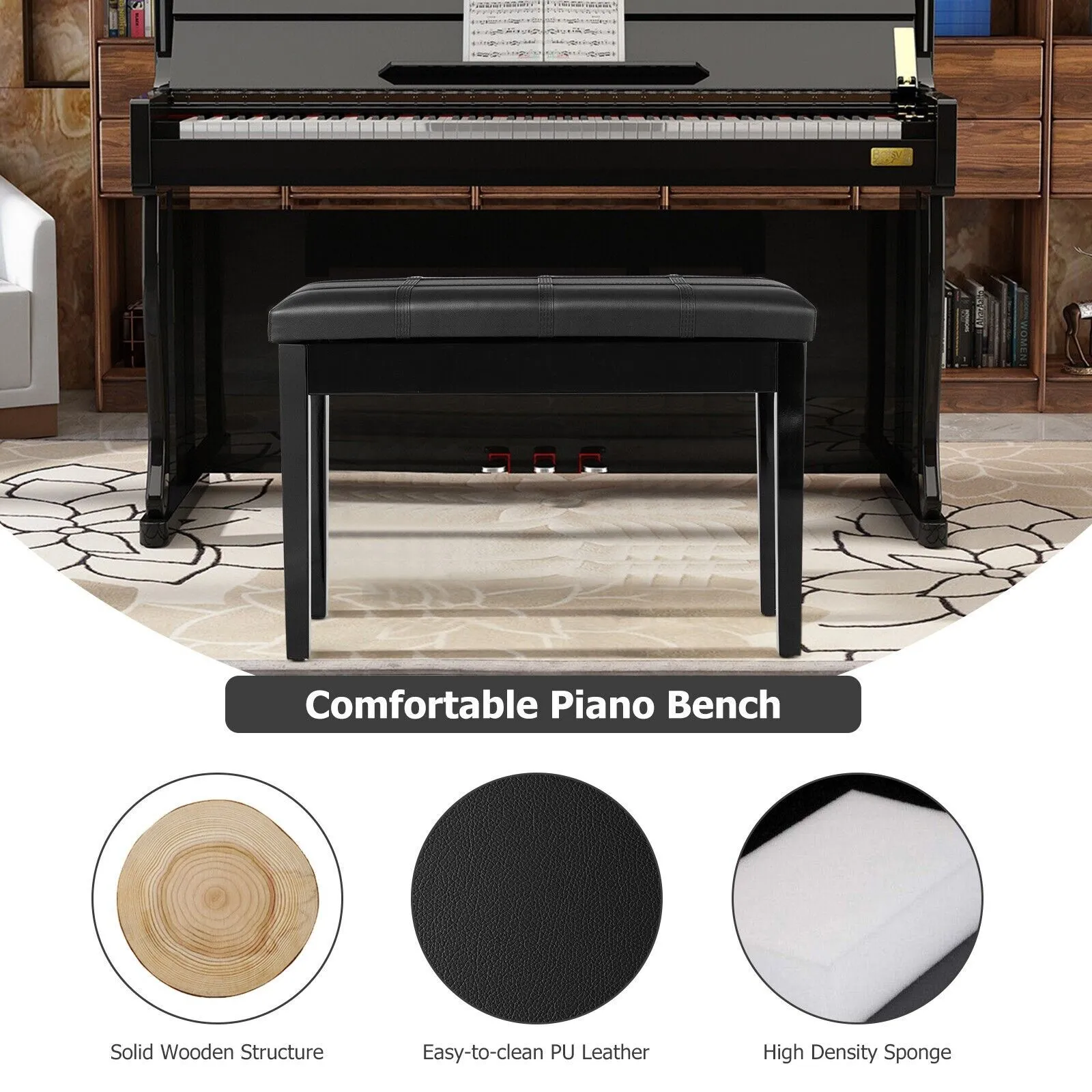 Costway Keyboard Seat Piano Bench Double Duet Seat W/Padded Cushion in Black 5