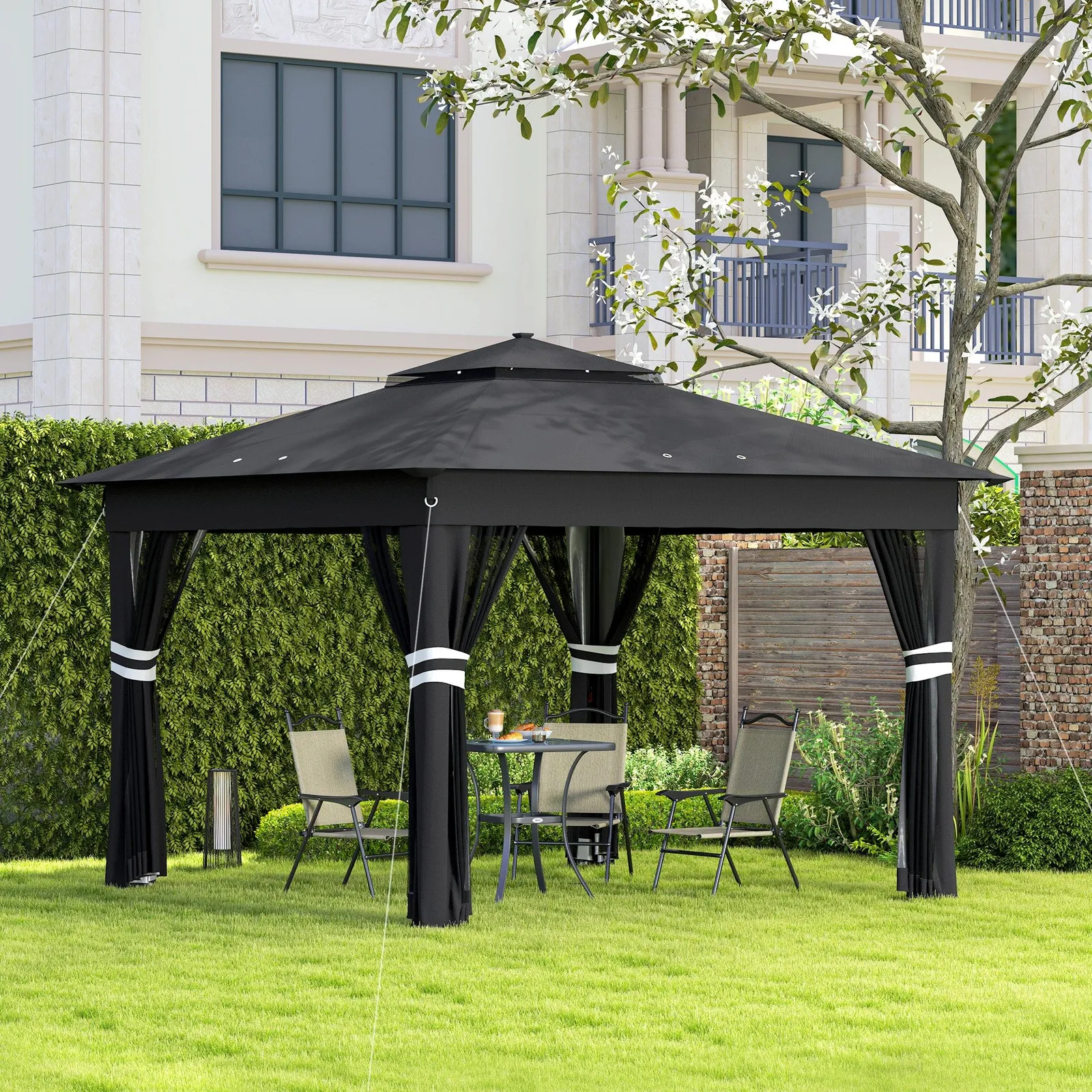 OUTSUNNY 3.36x3.36m Pop Up Gazebo w/ Solar-Powered LED Lights Netting Black