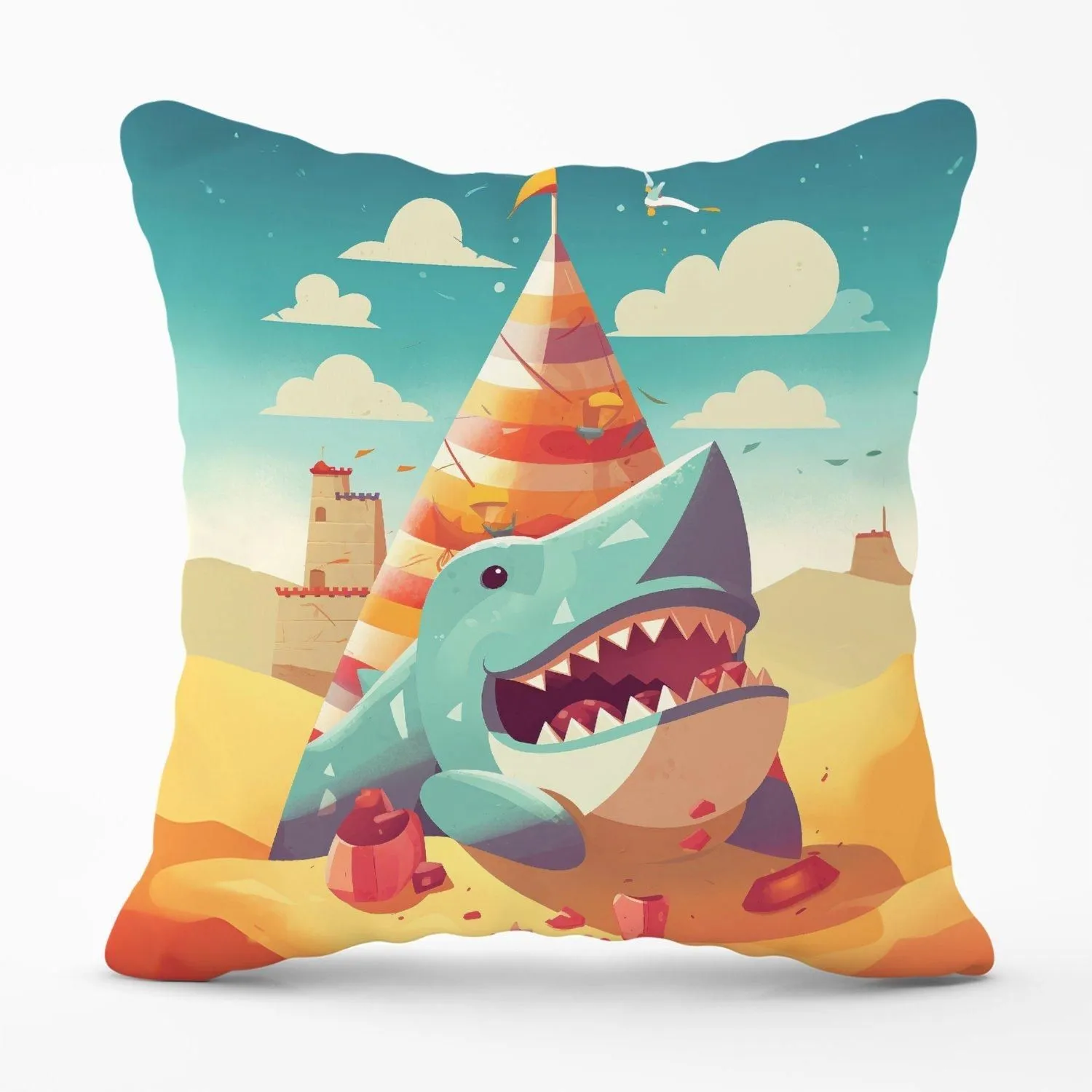 Warren Reed - Designer Shark On A Beach Holiday Outdoor Cushion in Yellow