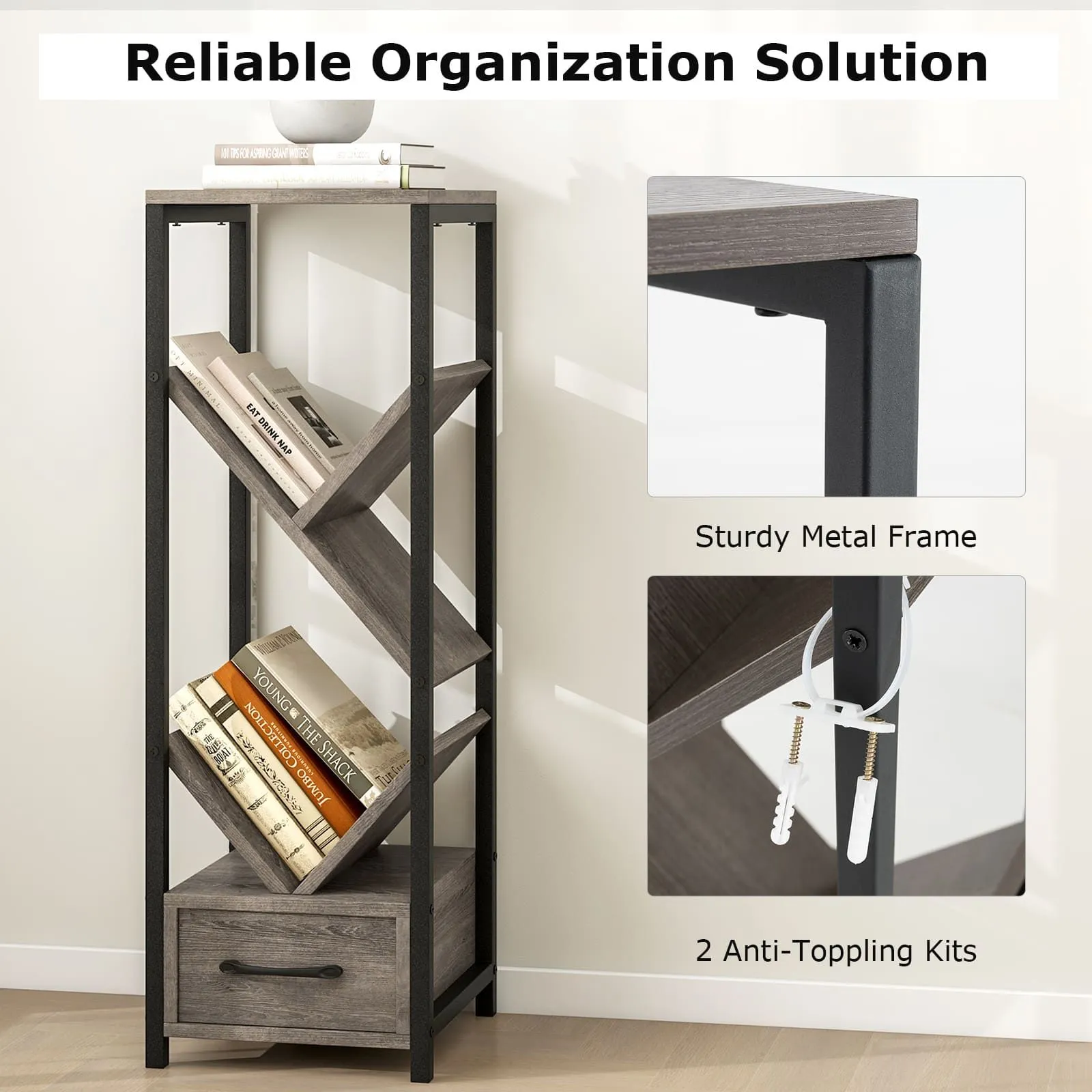 Costway Tree Bookshelf 4 Tier Floor Standing Storage Organizer w/Drawer in Grey 6