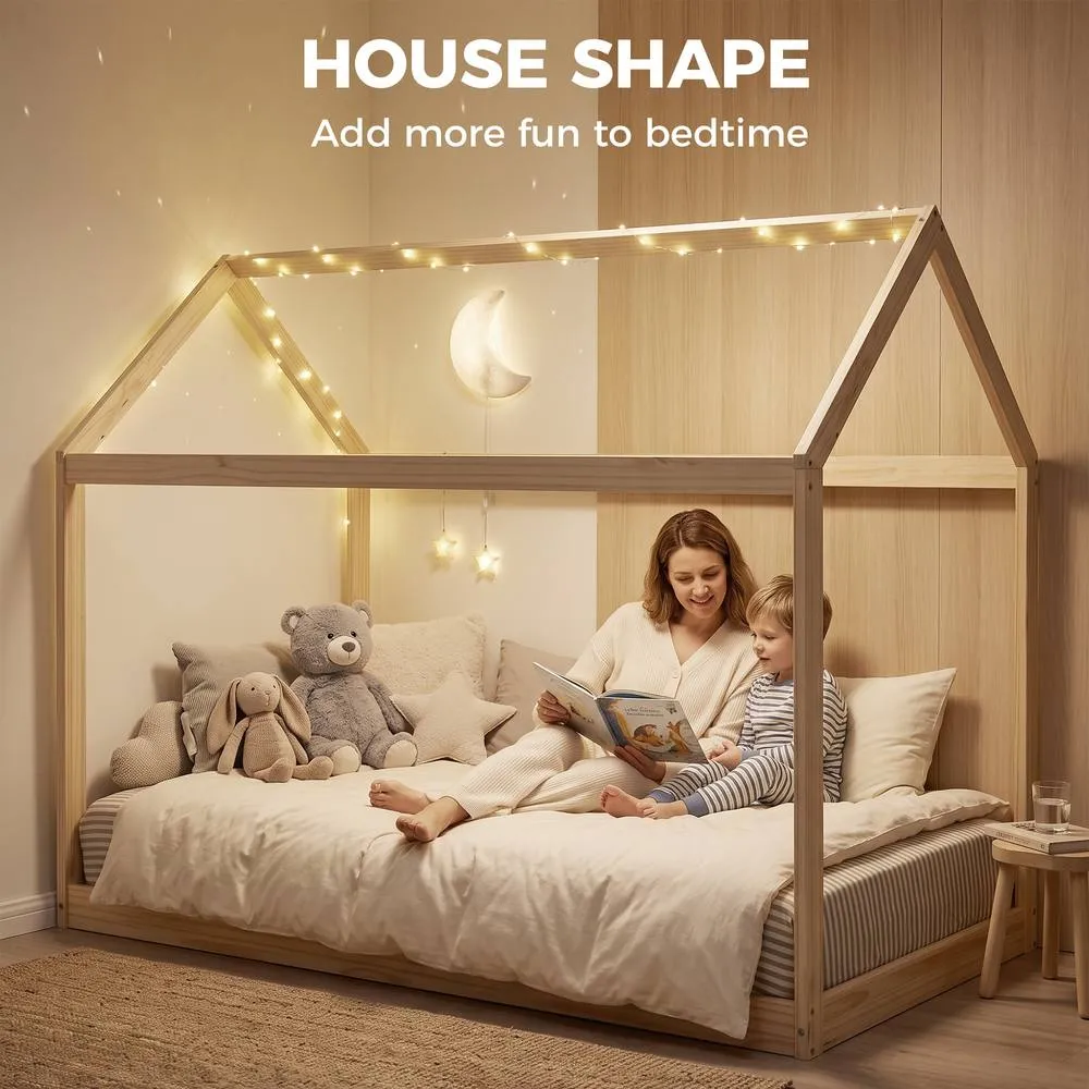 HOMCOM Wooden Single Bed Frame with Tree House Style, Natural Wood Finish 4
