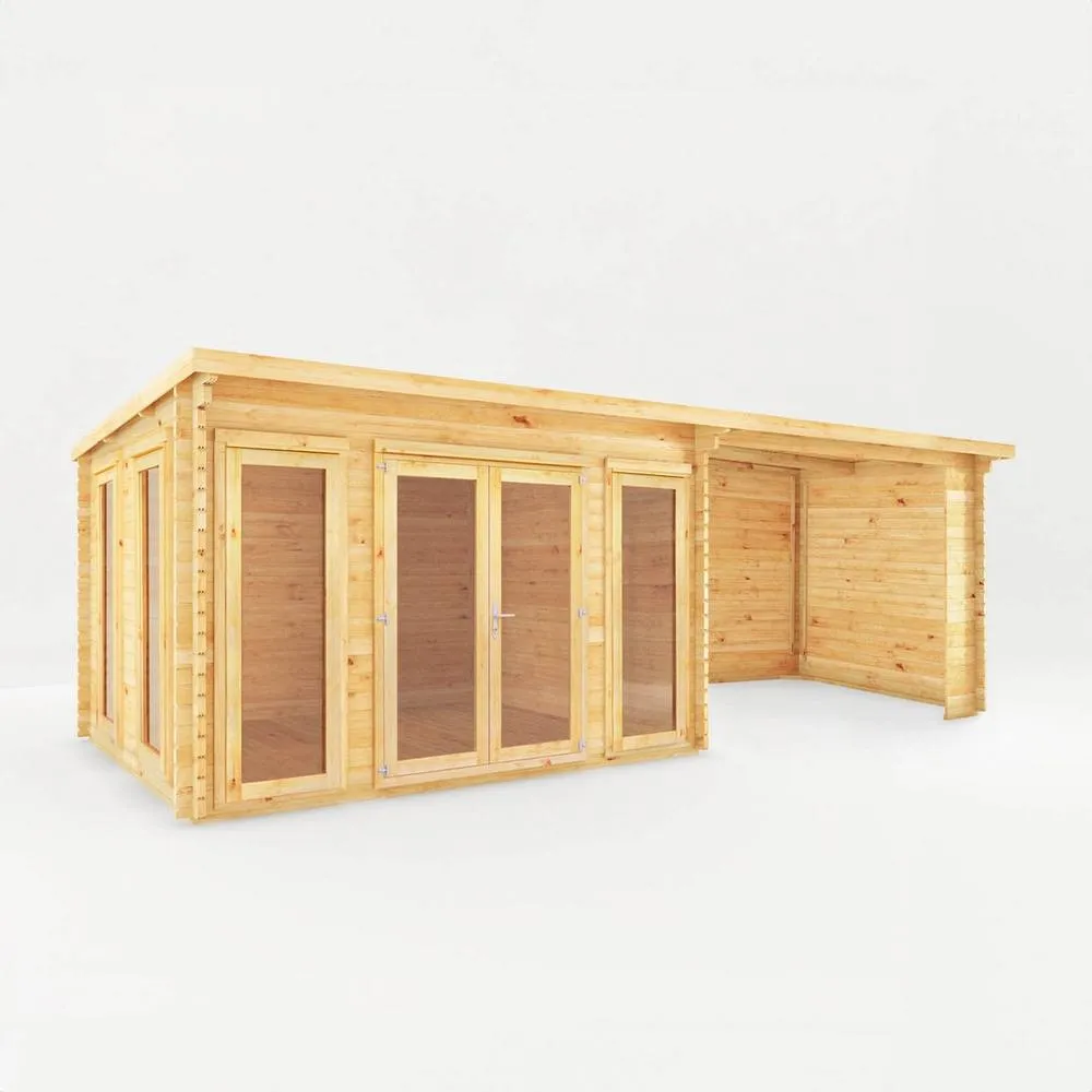 Mercia Studio Pent Log Cabin w/ Patio Area, 28 mm - L333.5 x W691 x H249.4 cm in Light Brown