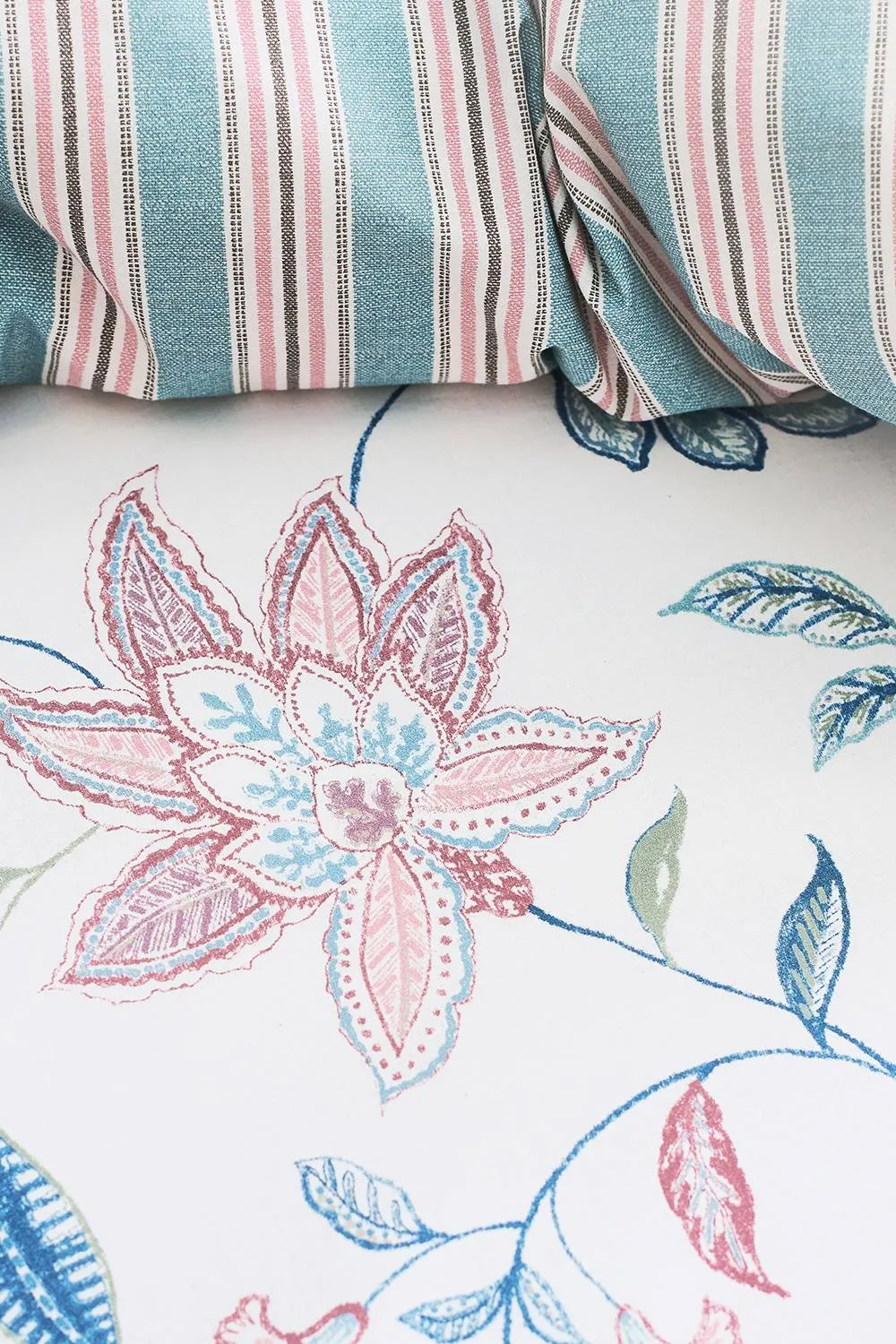 CHRISTY 'Kew' Floral Stripe Reversible Cotton Sateen Duvet Cover Set in Blue 3