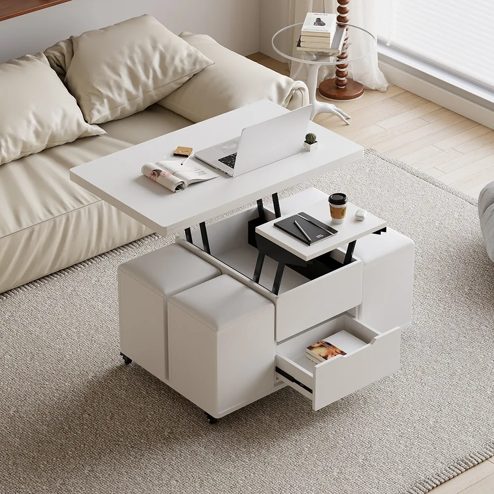 Modern White Lift Top Coffee Table 10 cm 1 with Storage Ottoman Foldable and Casters Transforming Into Dining Table