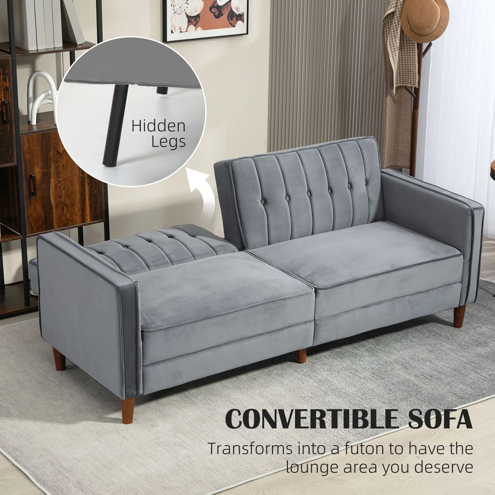 HOMCOM Convertible Sofa Futon Velvet-Touch Tufted Couch Sofa Bed Dark Grey 4