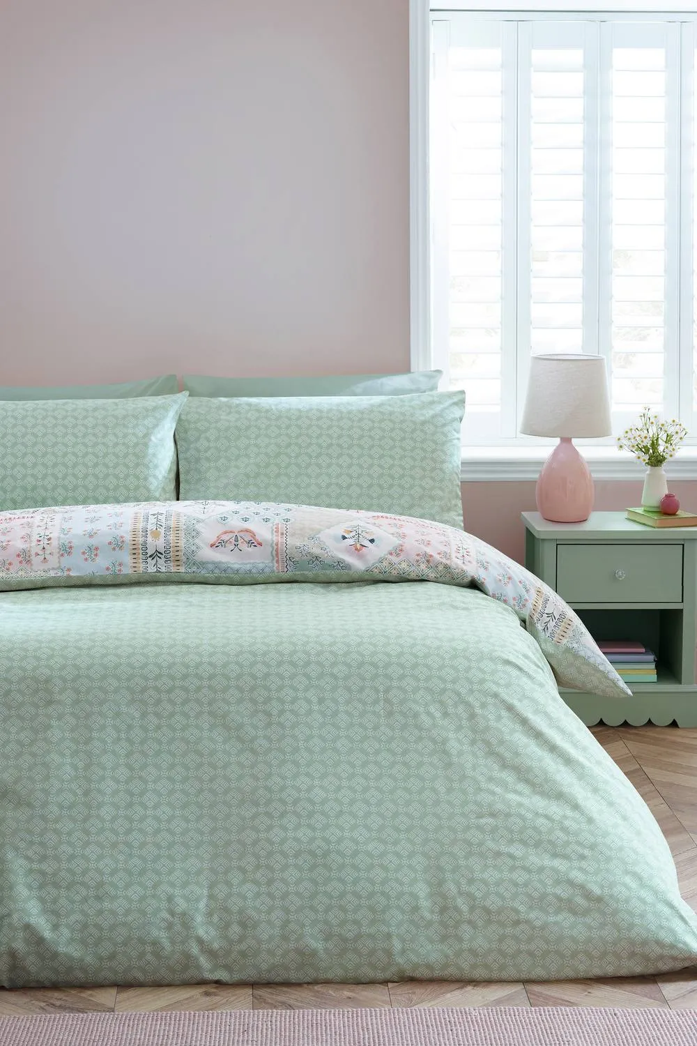 Catherine Lansfield 'Folk Patchwork' Reversible Duvet Cover Set in Green 2