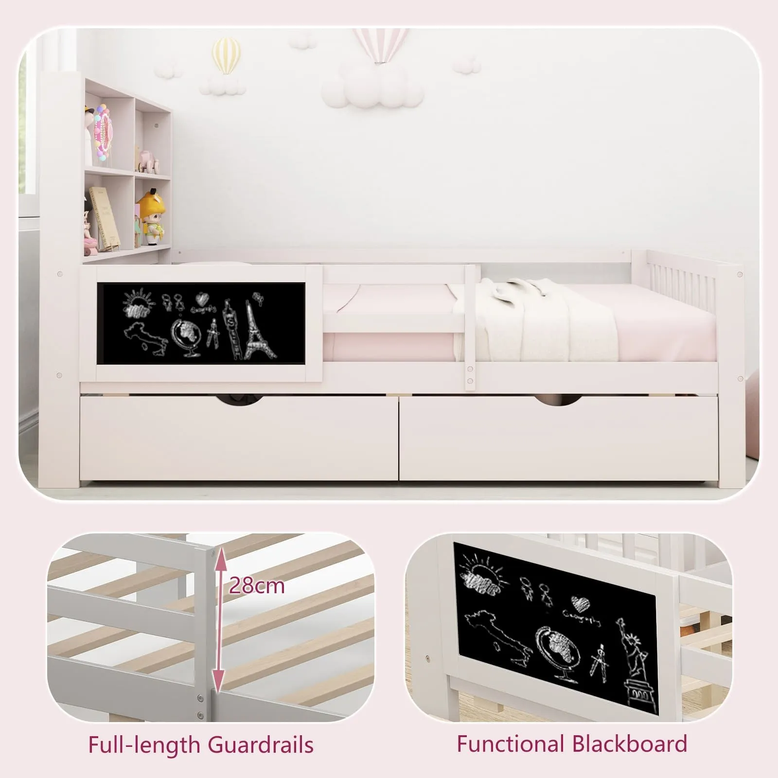 Costway Double Size Bed Frame Solid Wood Platform Bed w/2 Storage Drawers in White 3