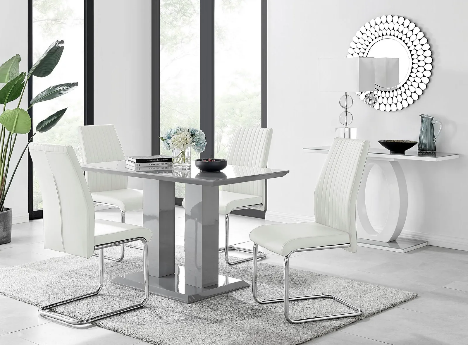 FurnitureboxUK Imperia Grey High Gloss 4 Seater Dining Table with Structural 2 Plinth Column Legs 4 Soft Faux Leather Lorenzo Chairs in White 1