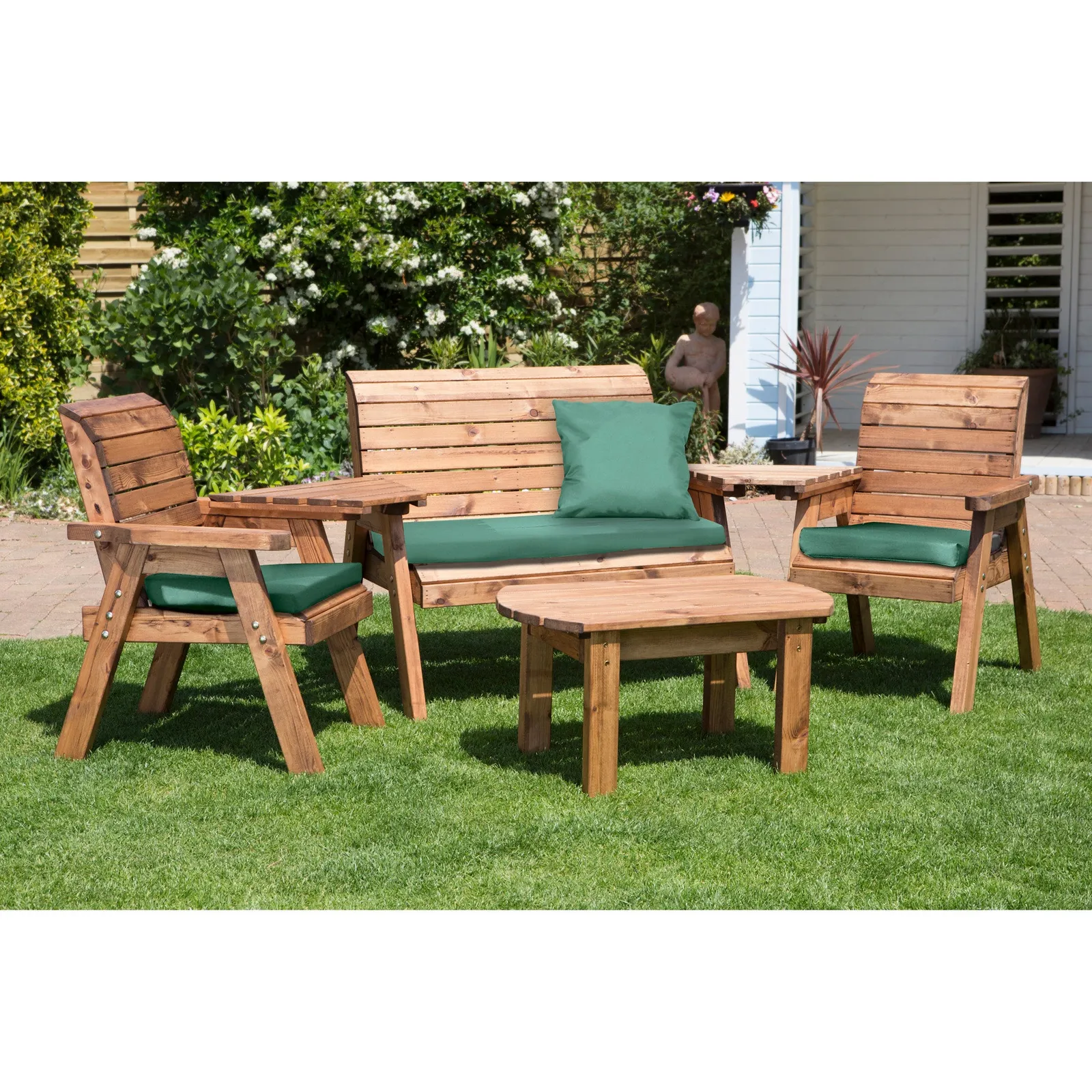 Charles Taylor 4 Seater Wooden Conversation Set with Green Seat Pads Brown