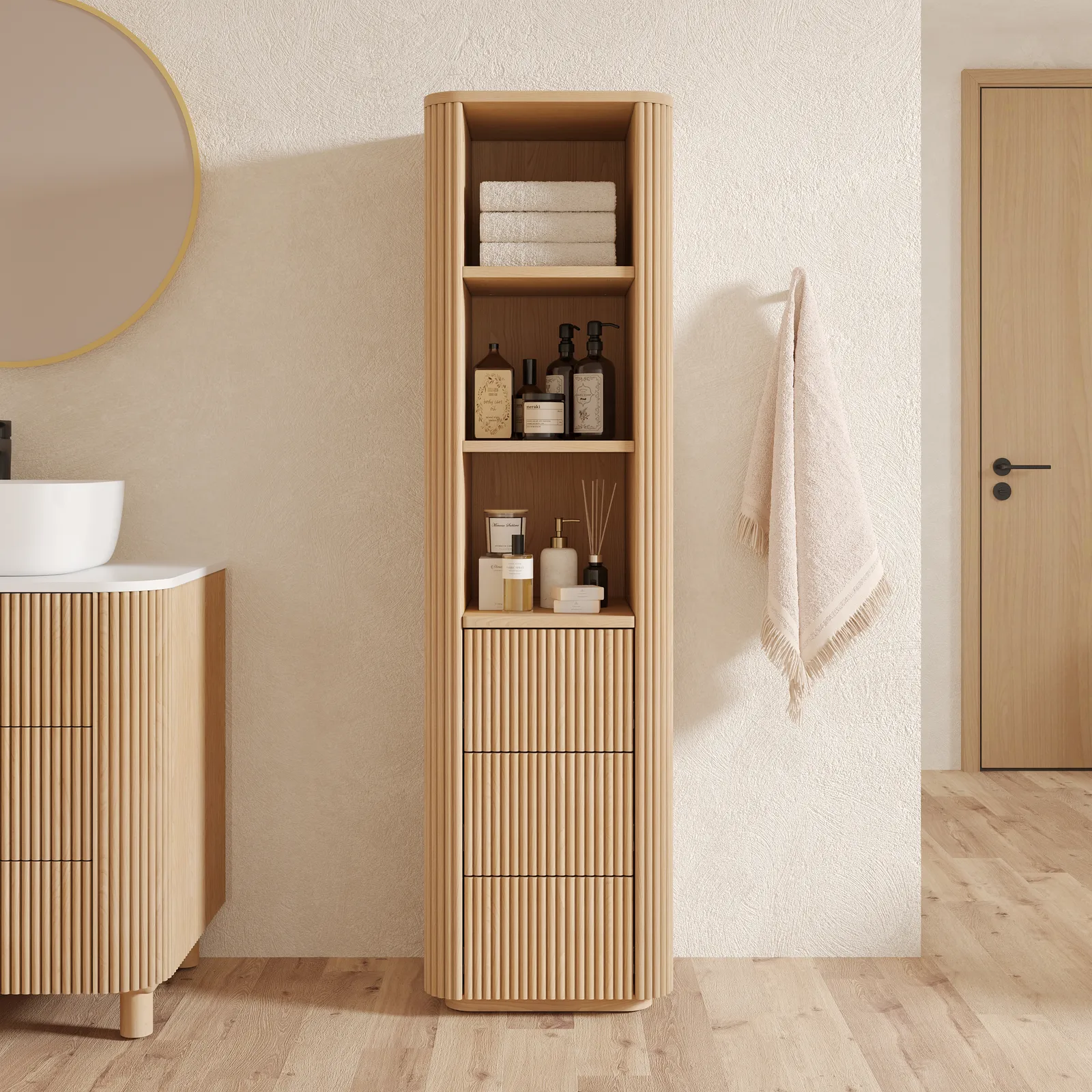 Fluted 148cm Bathroom Linen Cabinet with 3 Drawers and Open Shelves