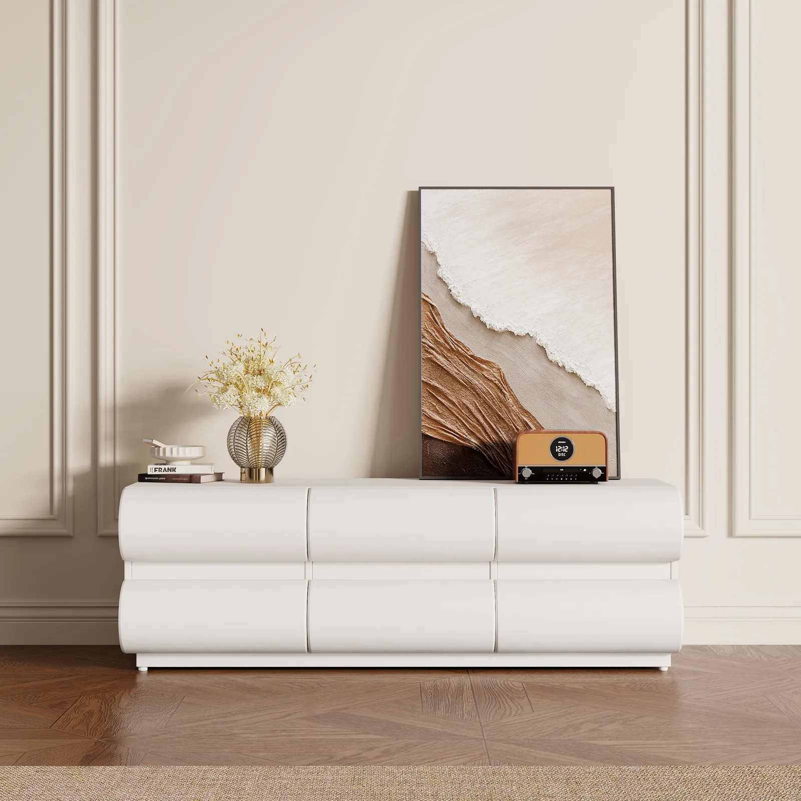 Humply Modern White Leather Long TV Stand with 8 Drawers Media Console for TVs Up to 1900mm