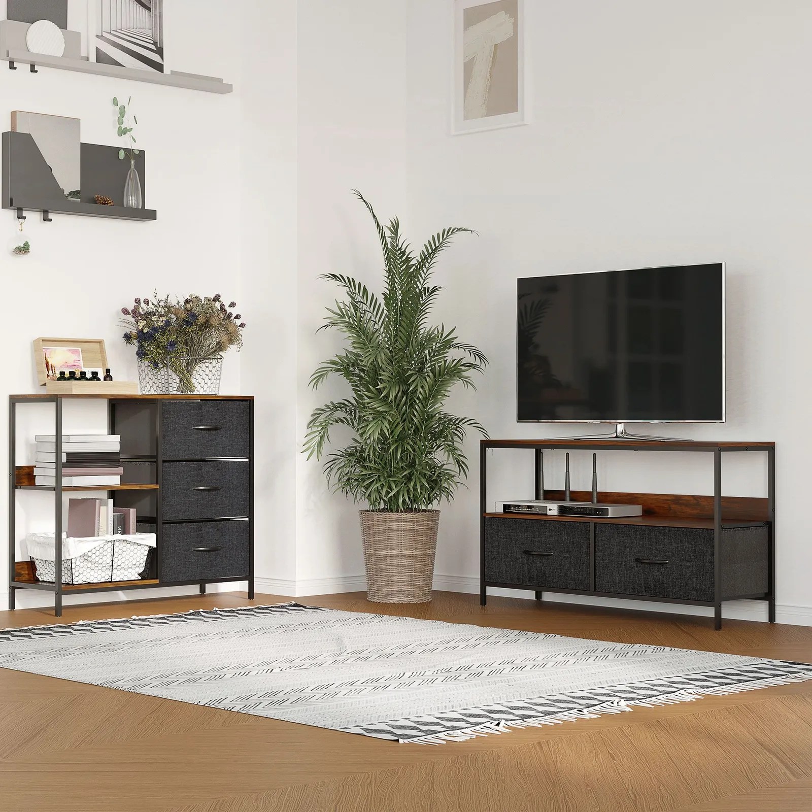 HOMCOM Cabinet Organizer 3 Drawer Chest Dresser Tower w/ 2 Shelves for Bedroom in Black 4