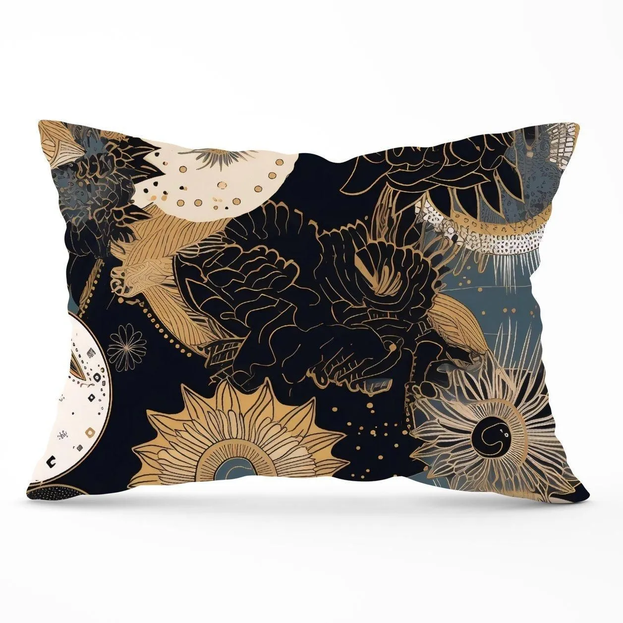 Warren Reed - Designer Abstract Blue Gold Moon Sun Cushions in Yellow