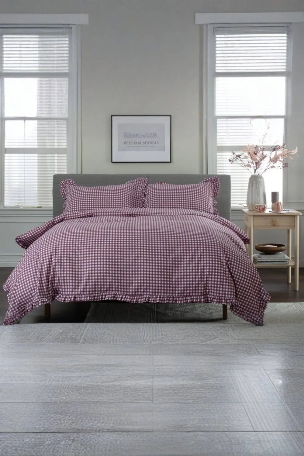 The Lyndon Company Gingham Frilled Cotton Duvet Set Printed with Frill Detailing in Burgundy 1