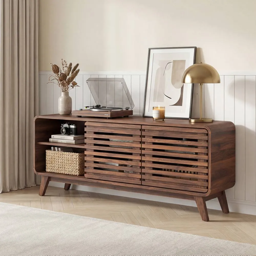 Costway TV Stand for 65" TVs Mid Century Modern Entertainment Center in Brown 3