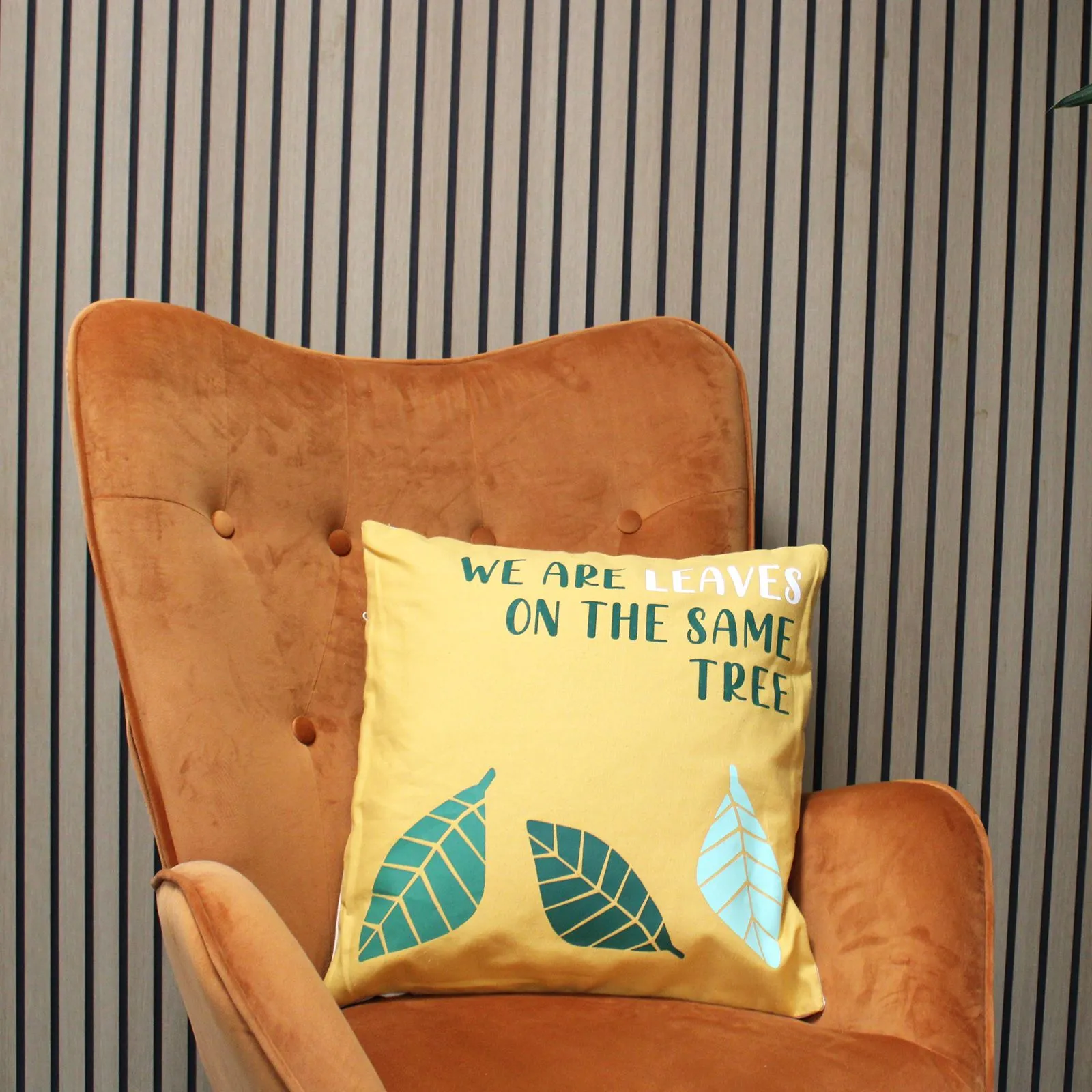 KDMD Printed Cotton Cushion Cover - We are Leaves - Yellow, Blue & Natural - (Set of 3)
