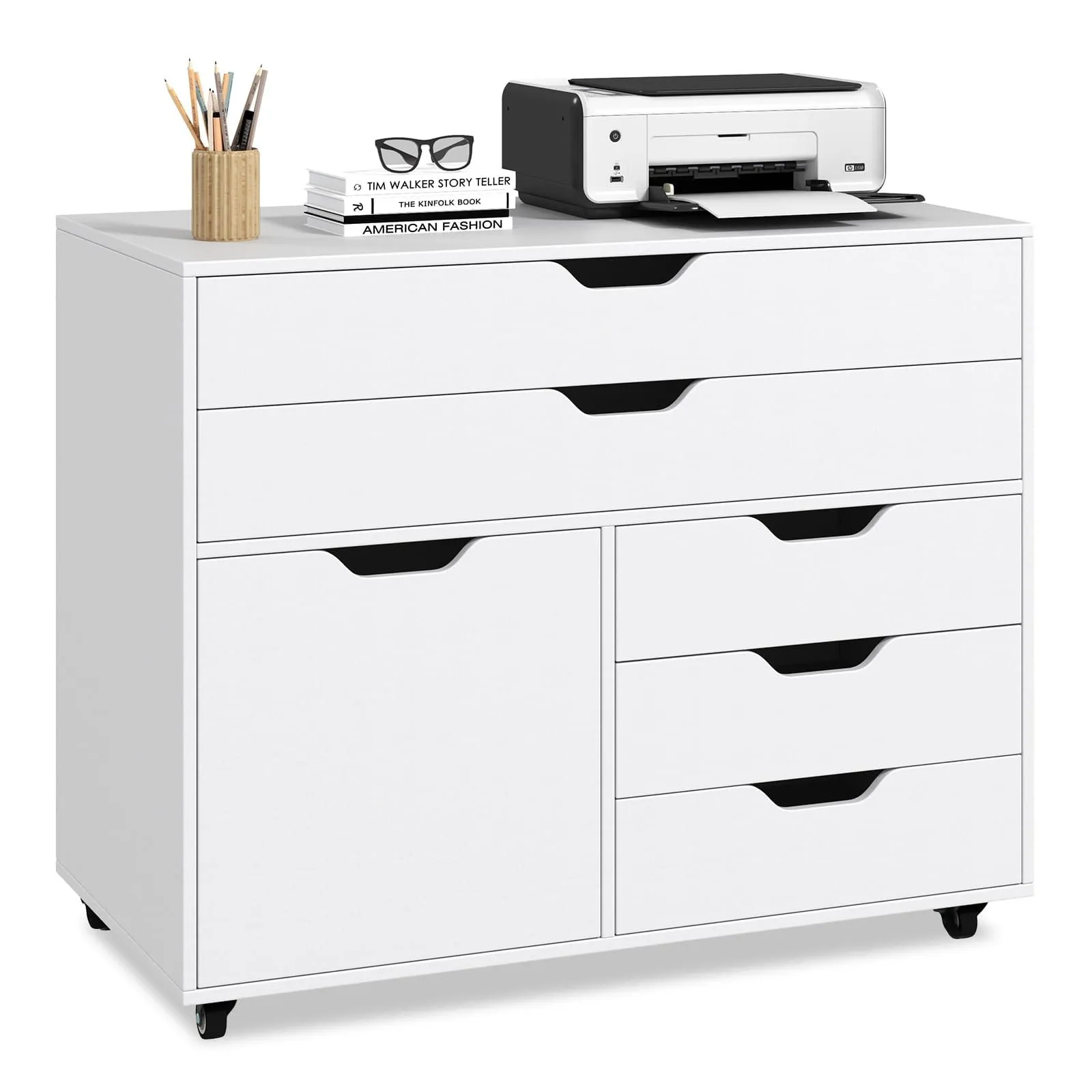 Costway 5-Drawer Chest Mobile Chest of Drawers with 5 Casters & Door-White in White