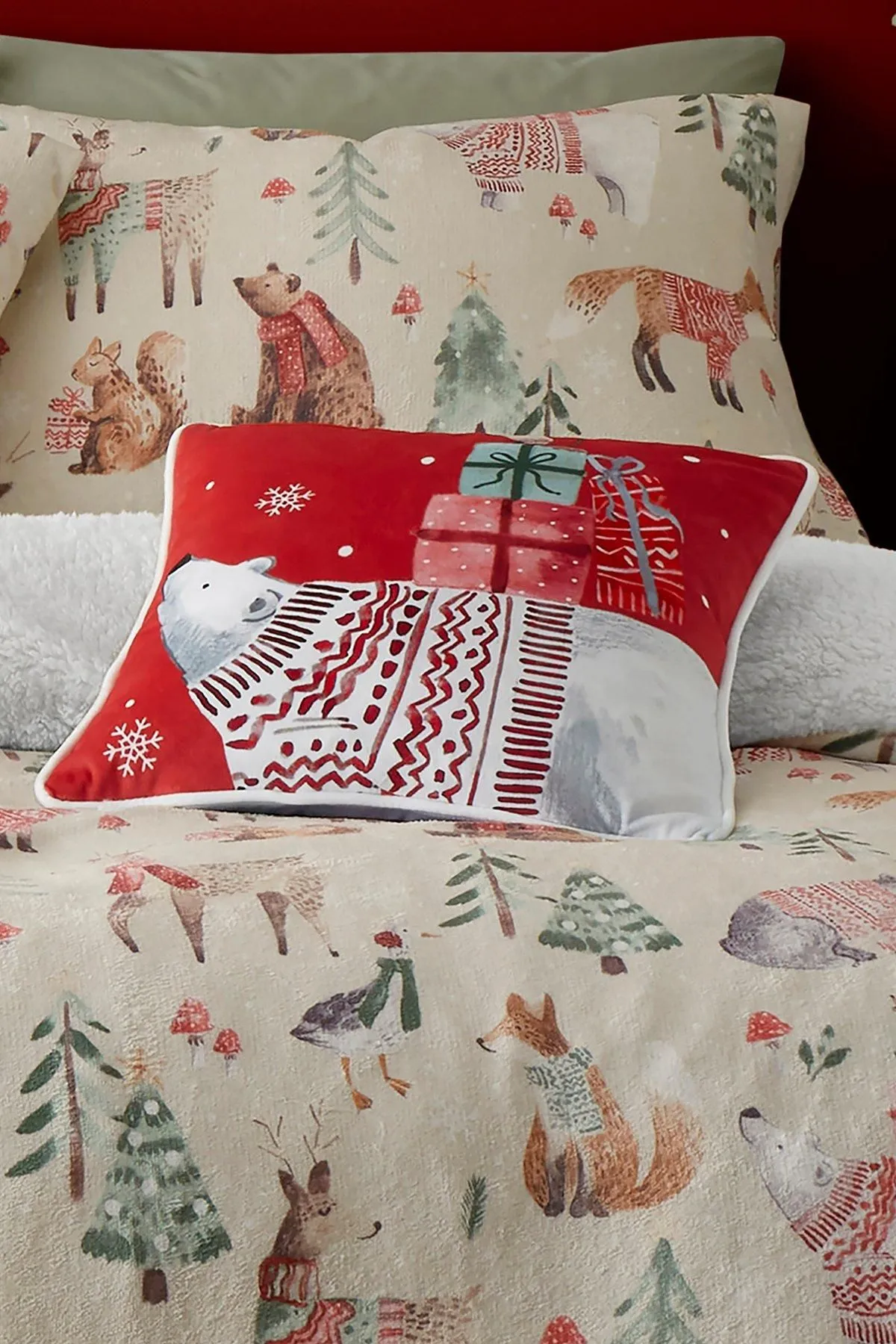 Fusion 'Christmas Woodland Animals' Velvet Filled Cushion in Red 3