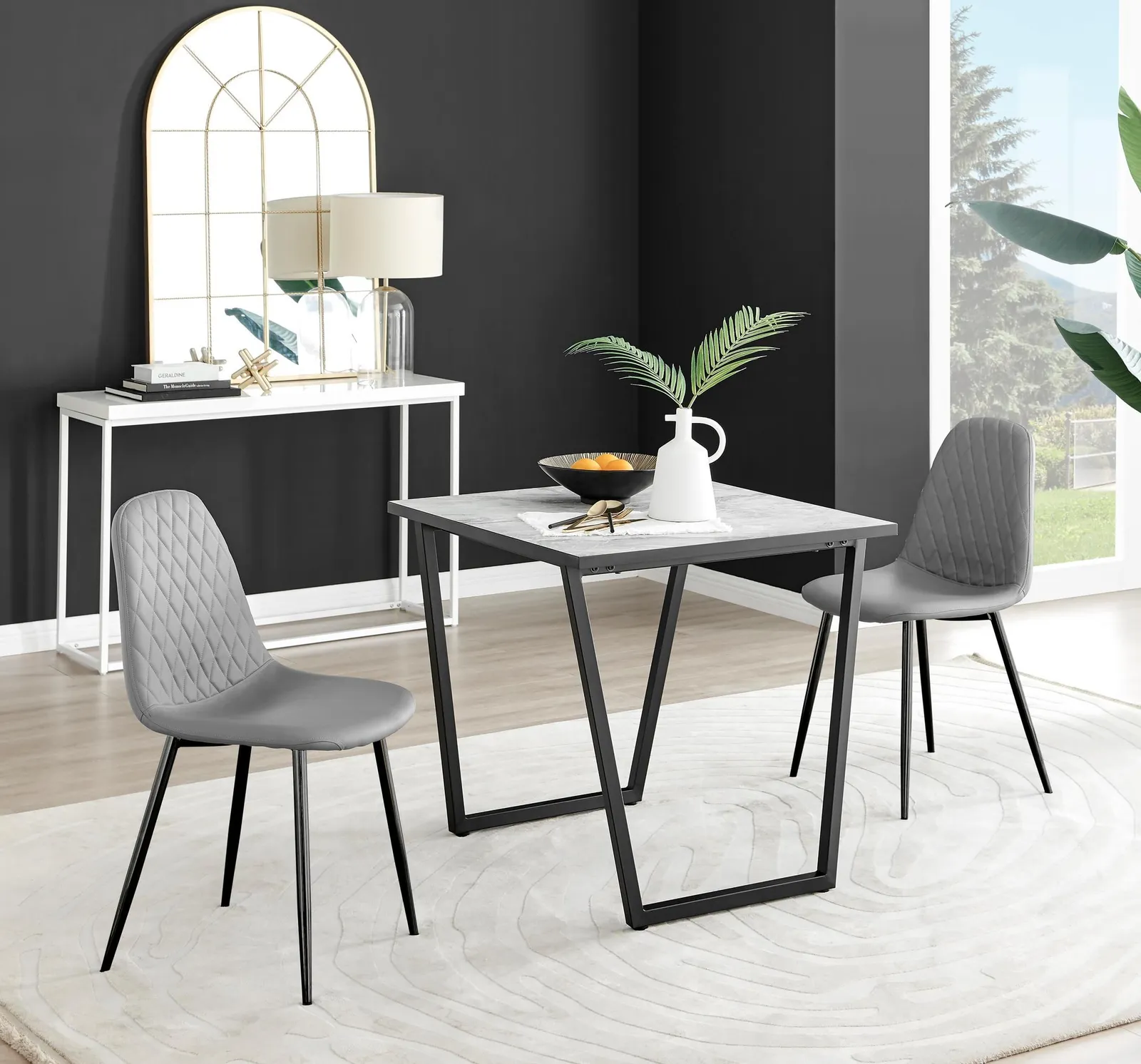 FurnitureboxUK Carson White Marble Effect Square Dining Table & 2 Faux Leather Corona Black Leg Chairs in Grey 1
