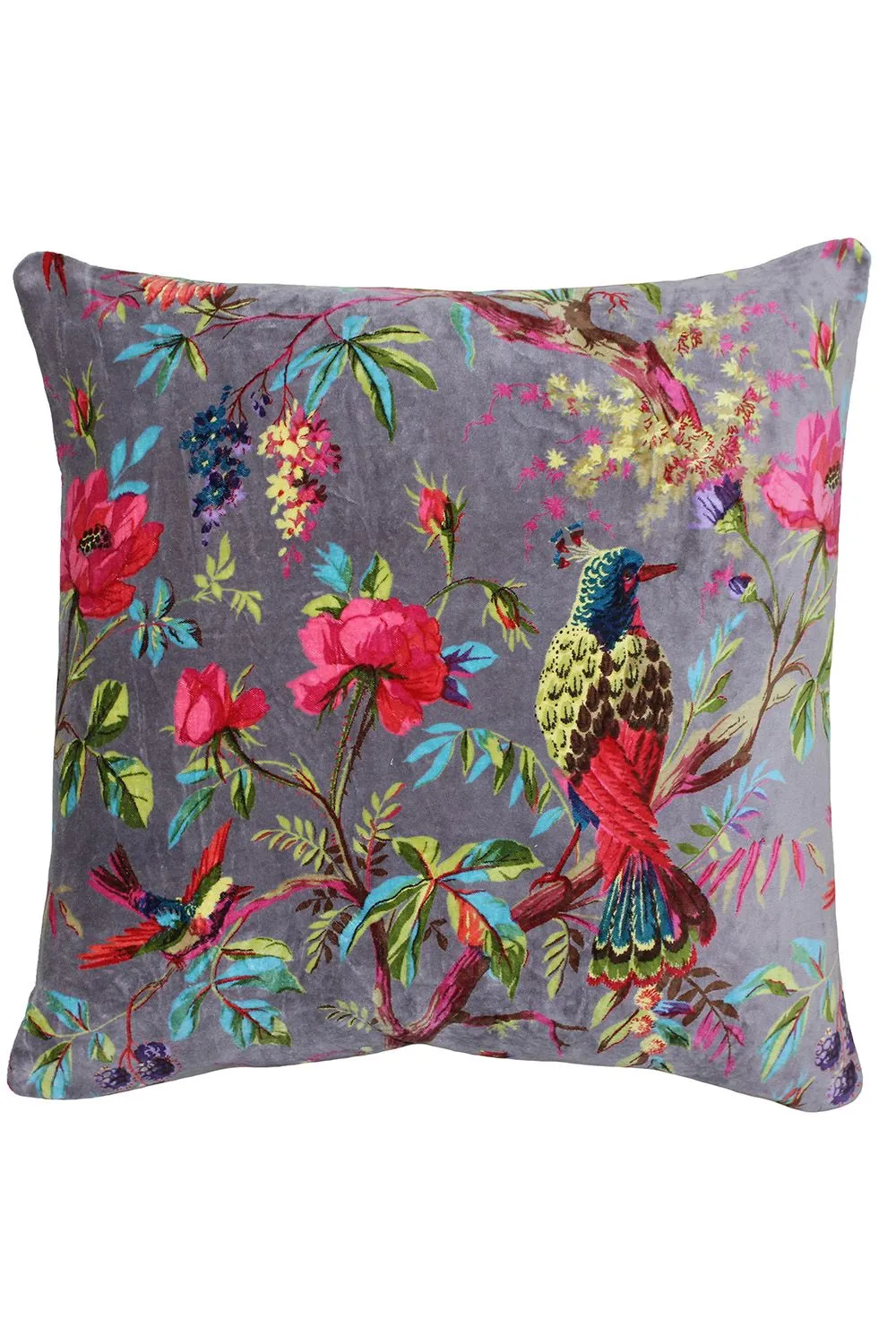 Paoletti Paradise Nature Print Velvet Cushion in Grey 1