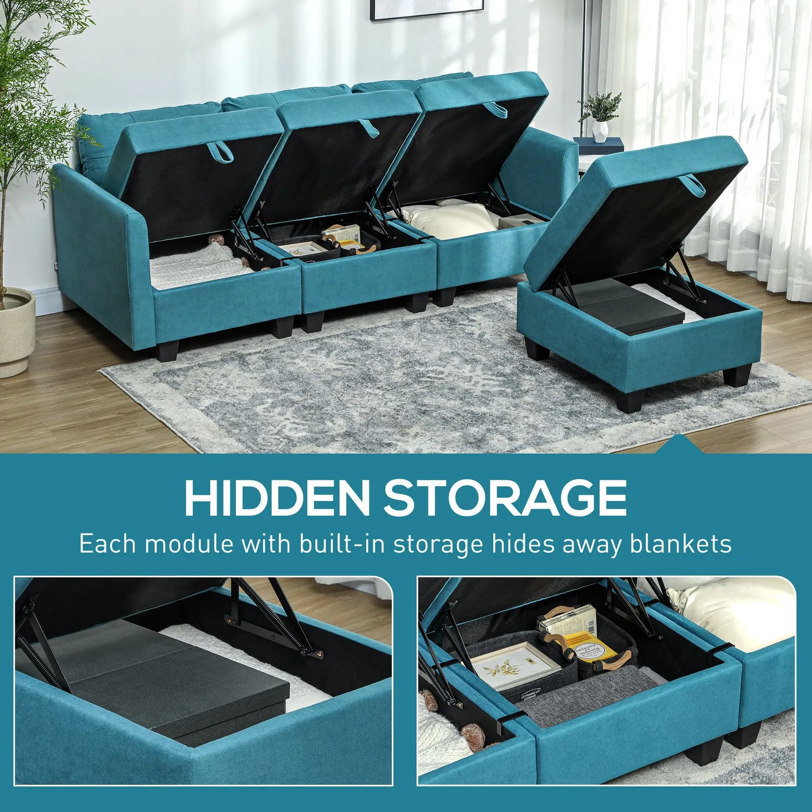 HOMCOM Convertible Modular Sectional Sofa w/ Storage Wood Frame Light Blue 6