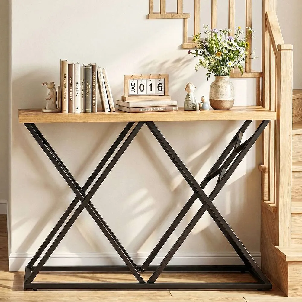 Costway 140CM Console Table Farmhouse Entryway Table with Metal Base Black in Brown 6