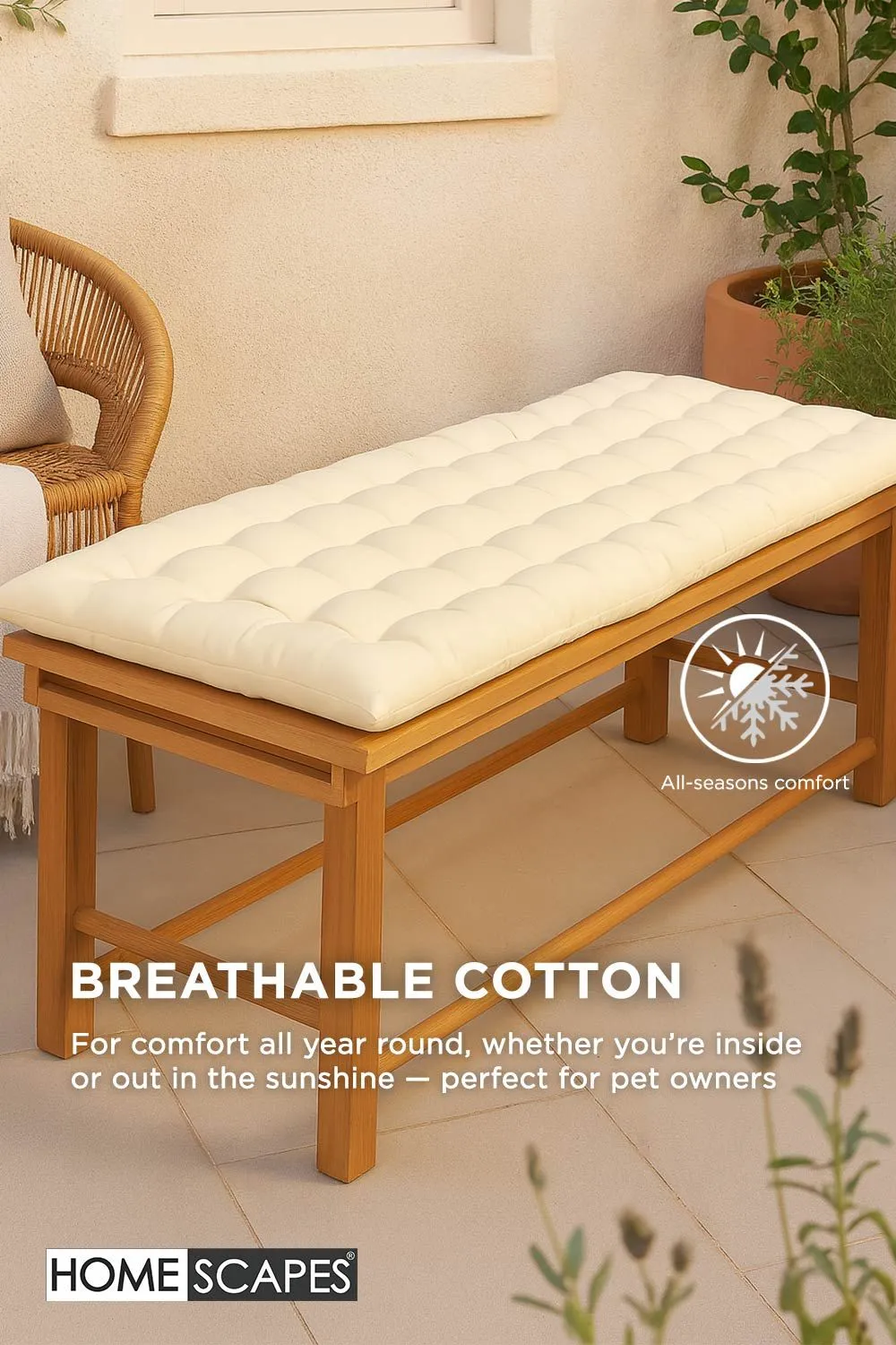 Homescapes Garden Bench Cushion Luxury 3 Seater Cotton Indoor Outdoor Pad, 143 x 48cm in Cream 5