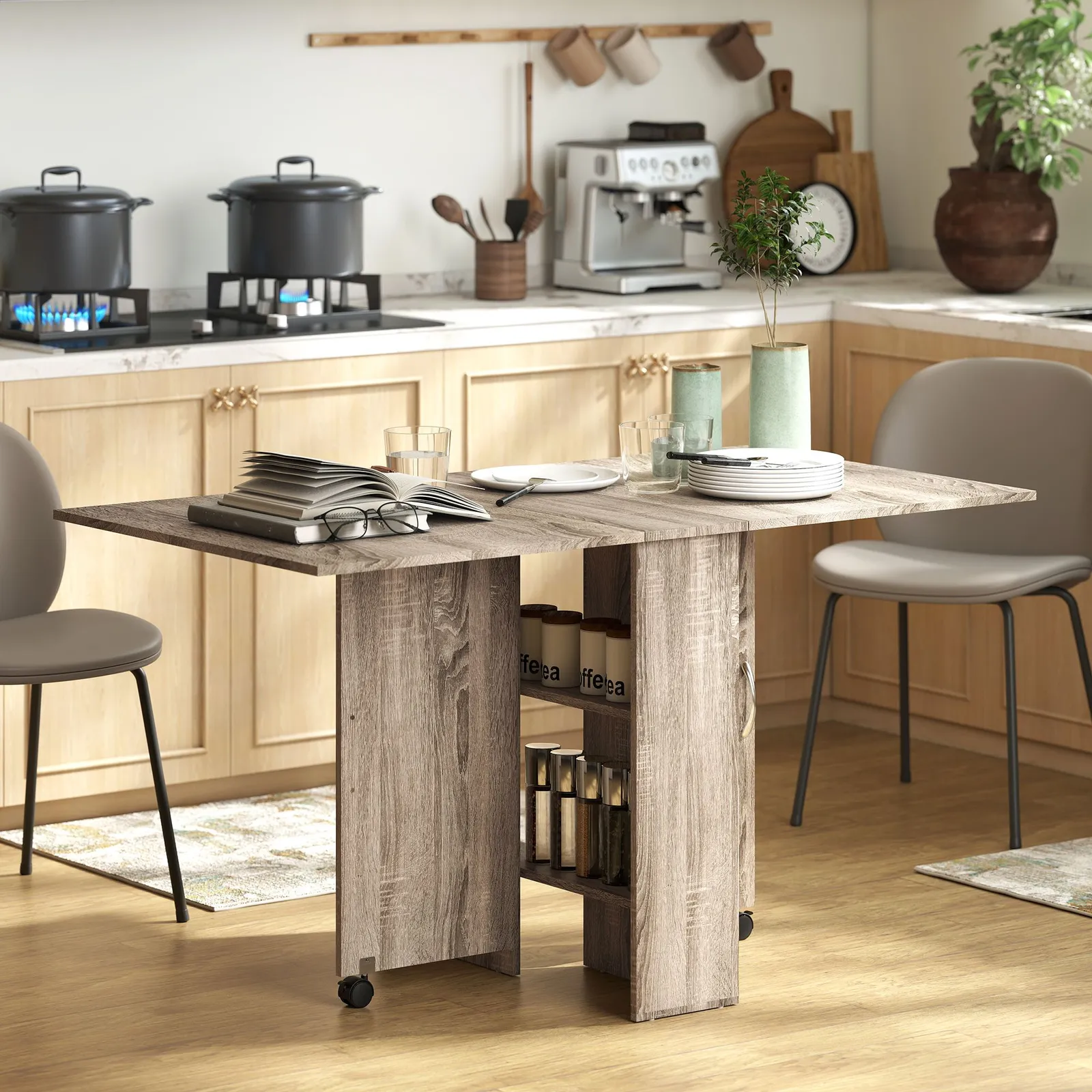HOMCOM 80-140 cm Folding Dining Table for 4-6 Drop Leaf Table in Grey
