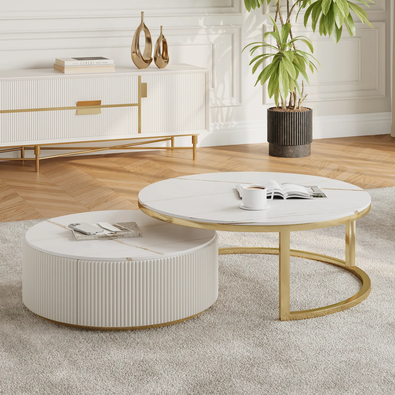 Round 2-Piece Nesting Set Sintered Stone Top Beige Coffee Table with Drawer