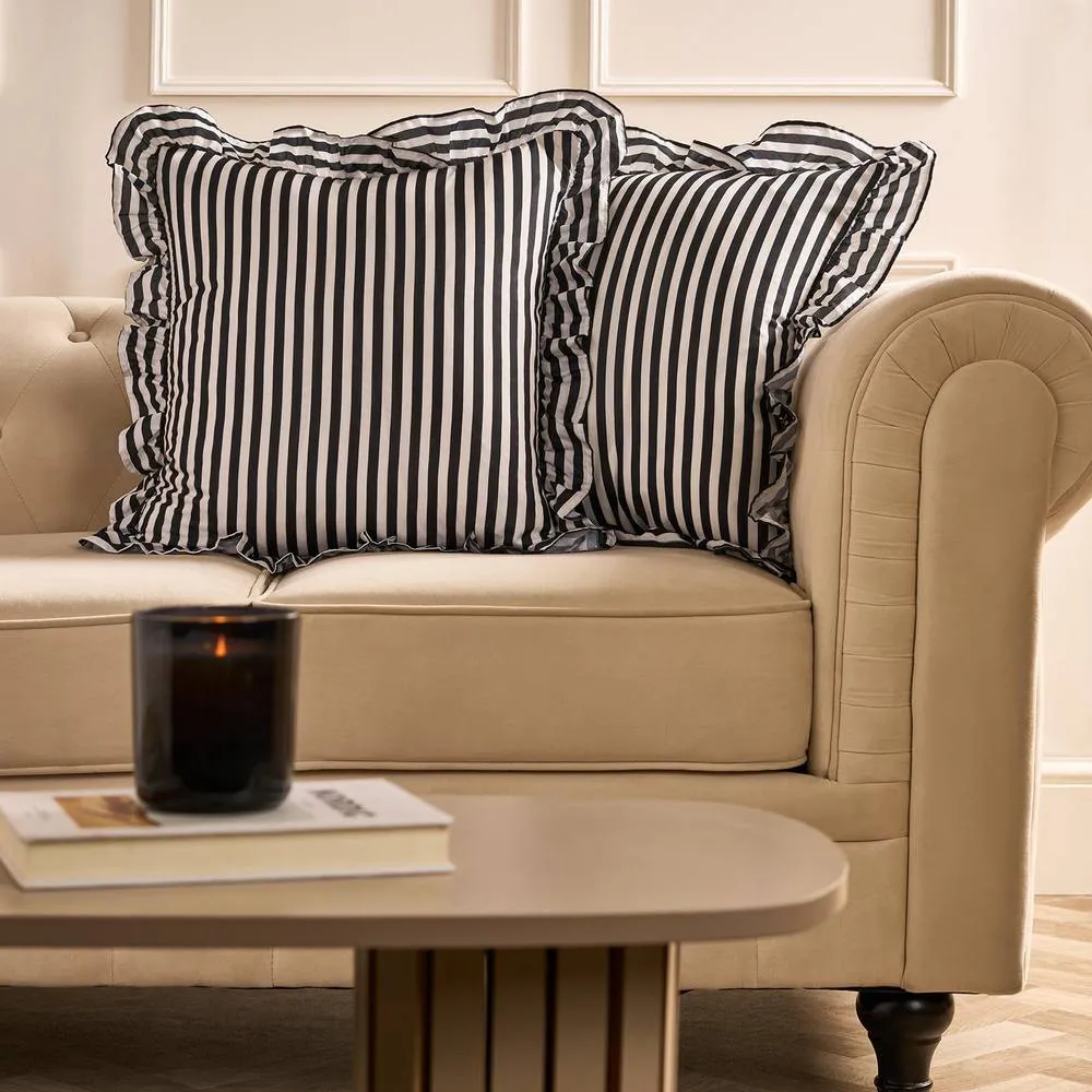 OHS 2 x Bengal Stripe Faux Linen Frill Cushion Covers