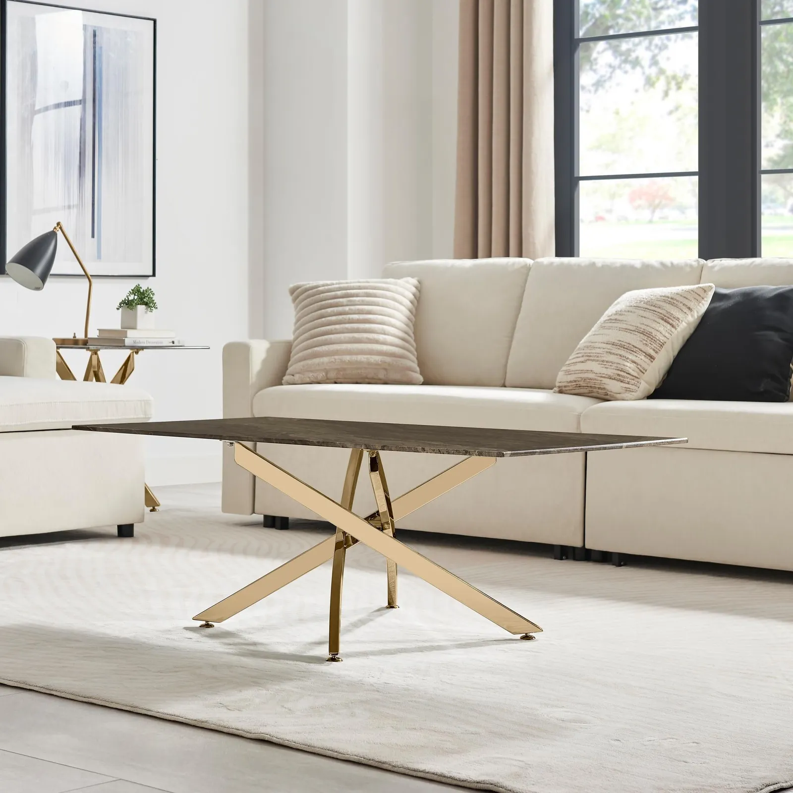 FurnitureboxUK Leonardo Rectangular Marble Effect Glass Top Coffee Table With Gold Metal Starburst Legs in Grey 3