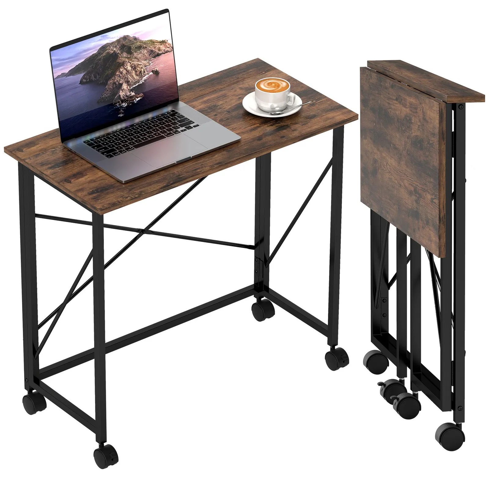 HOMCOM Folding Desk on Wheels, Writing Table for Home Office, Brown 2