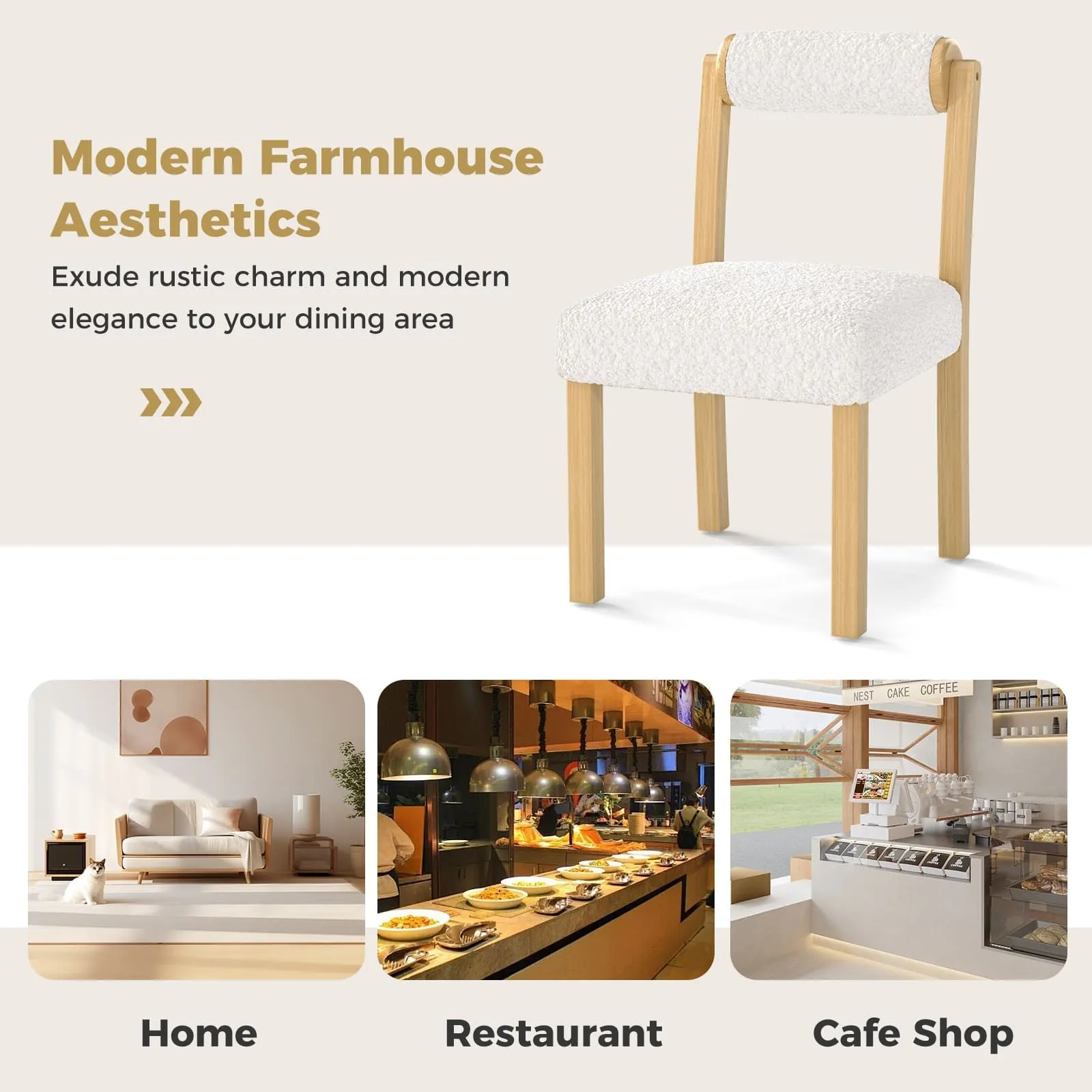 Costway Wooden Dining Chair Set of 2 Faux Sherpa Upholstered Chairs-White in White 5