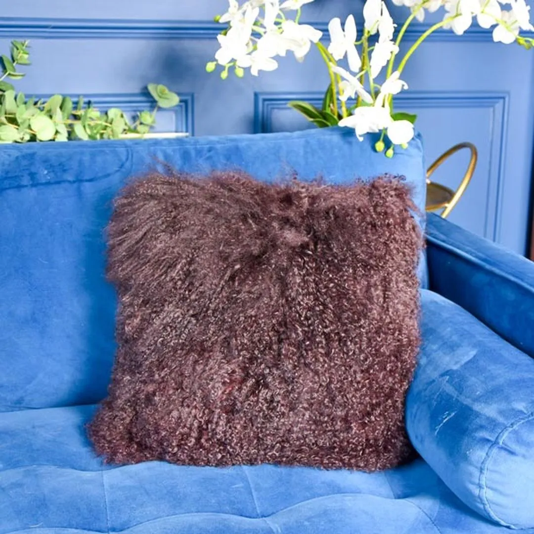 Madison & Mayfair Square Cushion Mongolian Lamb with Real Suede Aubergine