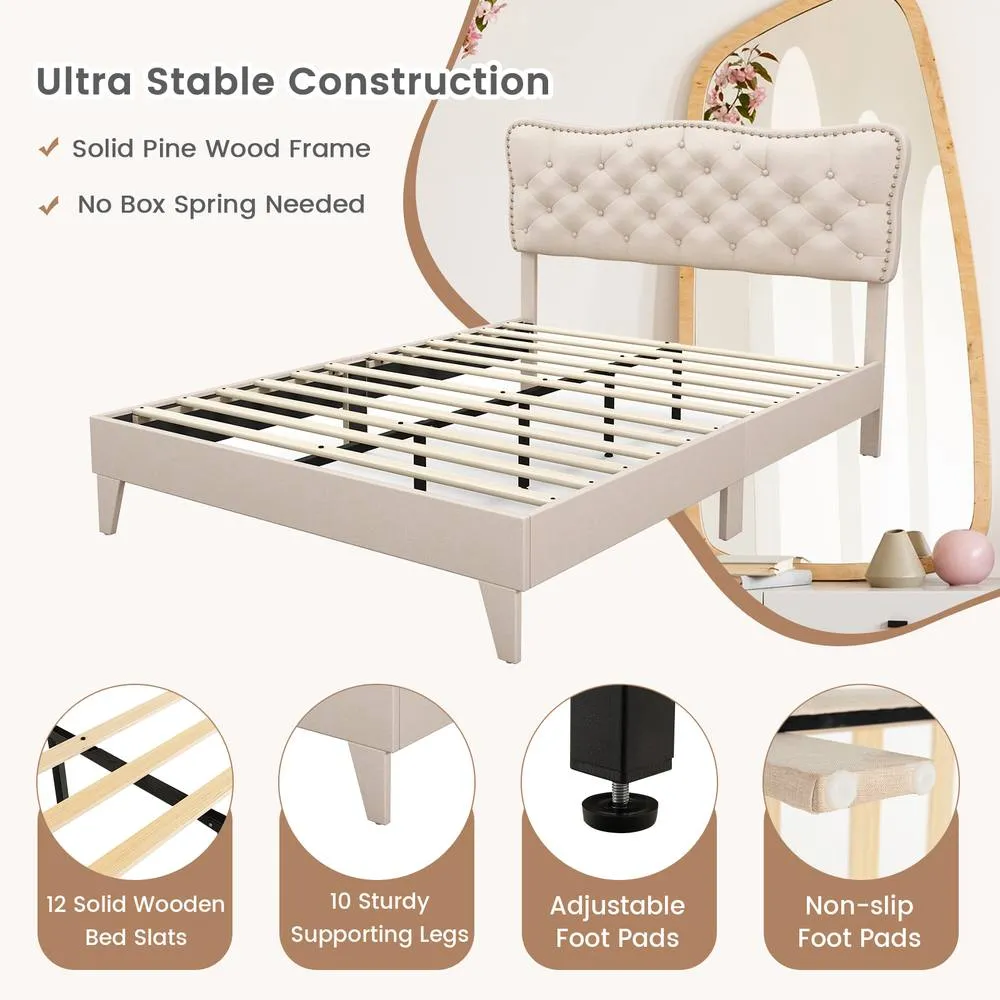 Costway Double Size Bed Frame Wooden Slats Platform w/ Upholstered Headboard in Beige 6