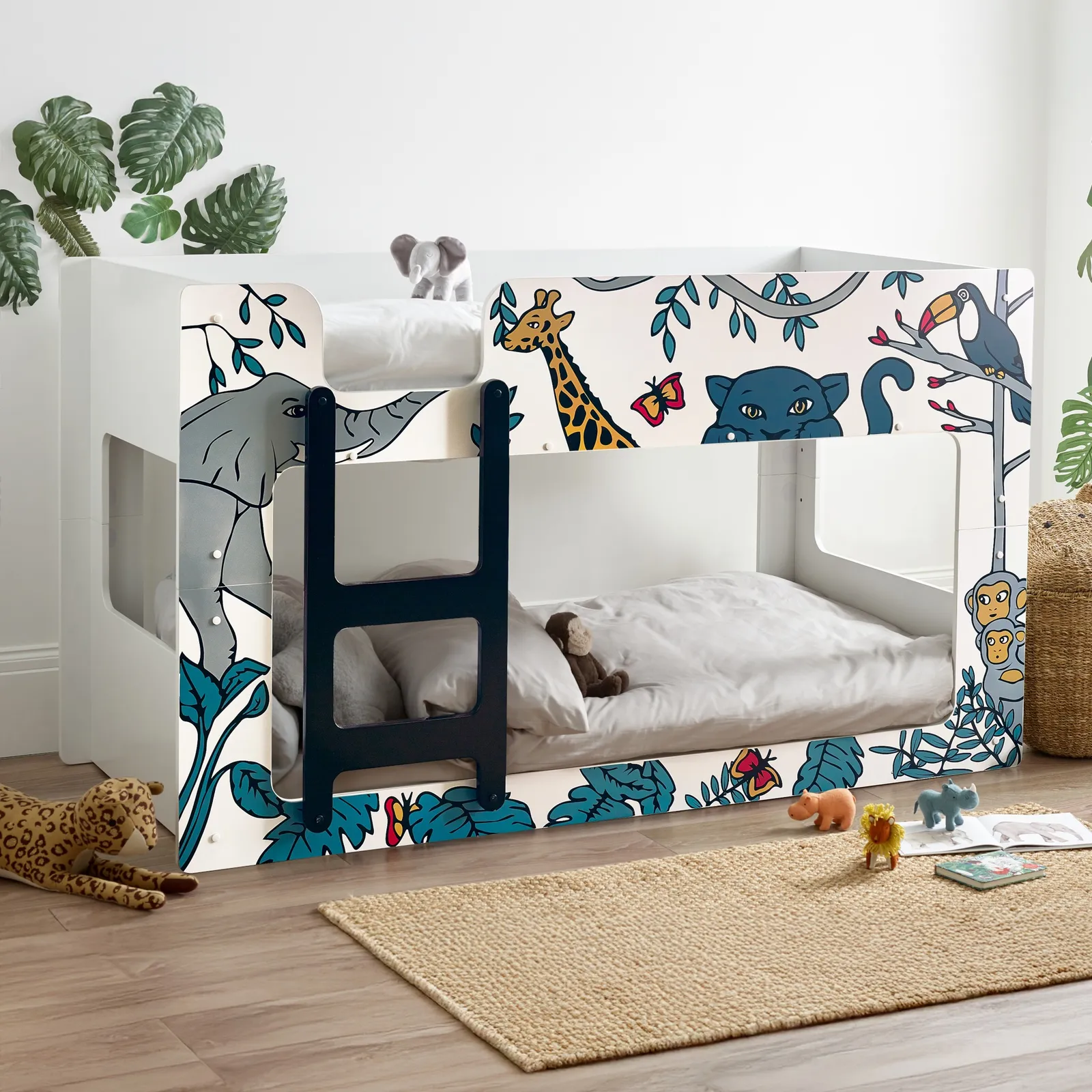 Safari - Single - Wooden Bunk Bed with Animal Graphics - White - Wooden - 3ft - Happy Beds