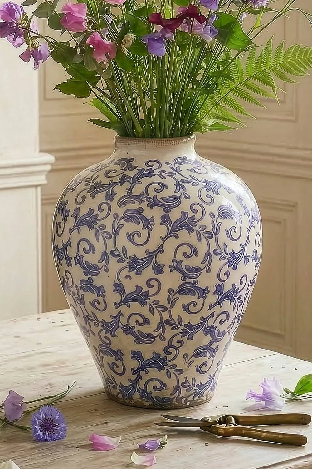 Dibor Vintage Solene Large Blue Botanical Round Flower Vase H28 x Dia23cm in Cream