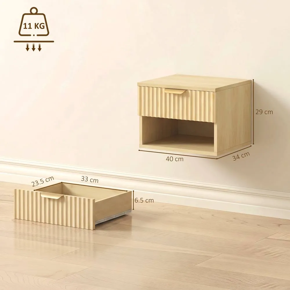 HOMCOM Floating Nightstands Set of 2, Wall Mounted Bedside Tables, Oak in Light Oak 3
