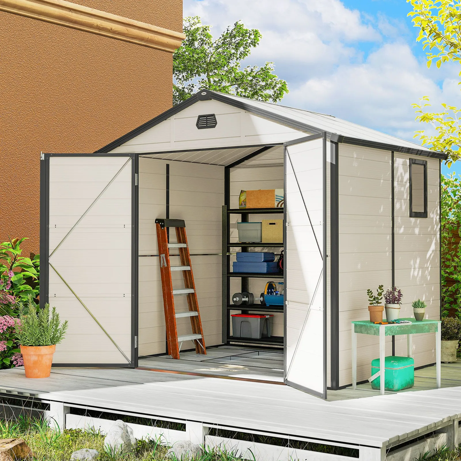 OUTSUNNY 8 x 6ft Garden Shed Storage w/ Foundation Kit, Vents, Cream White